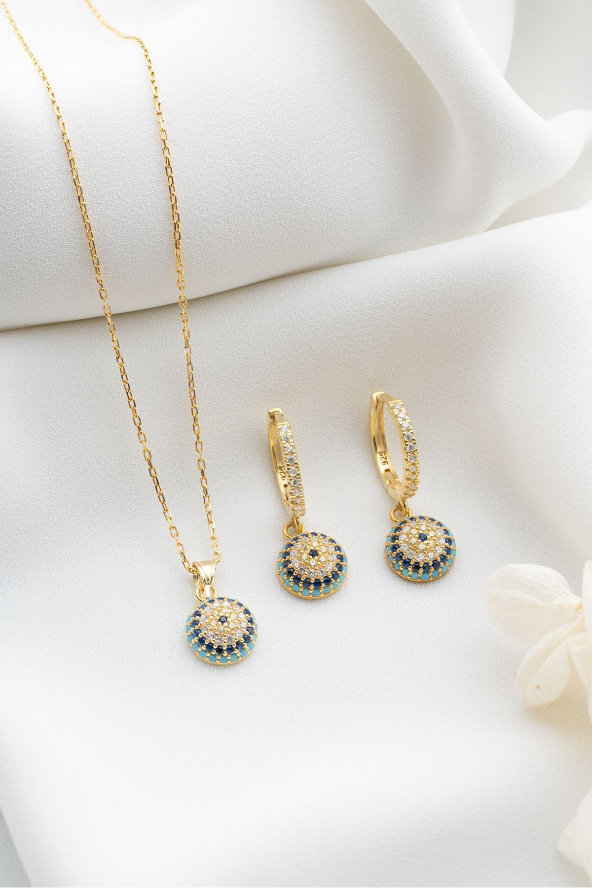 Silvano Jewelry 925 Ayar Gümüş Göz Nazarlı Kolye Küpe Seti