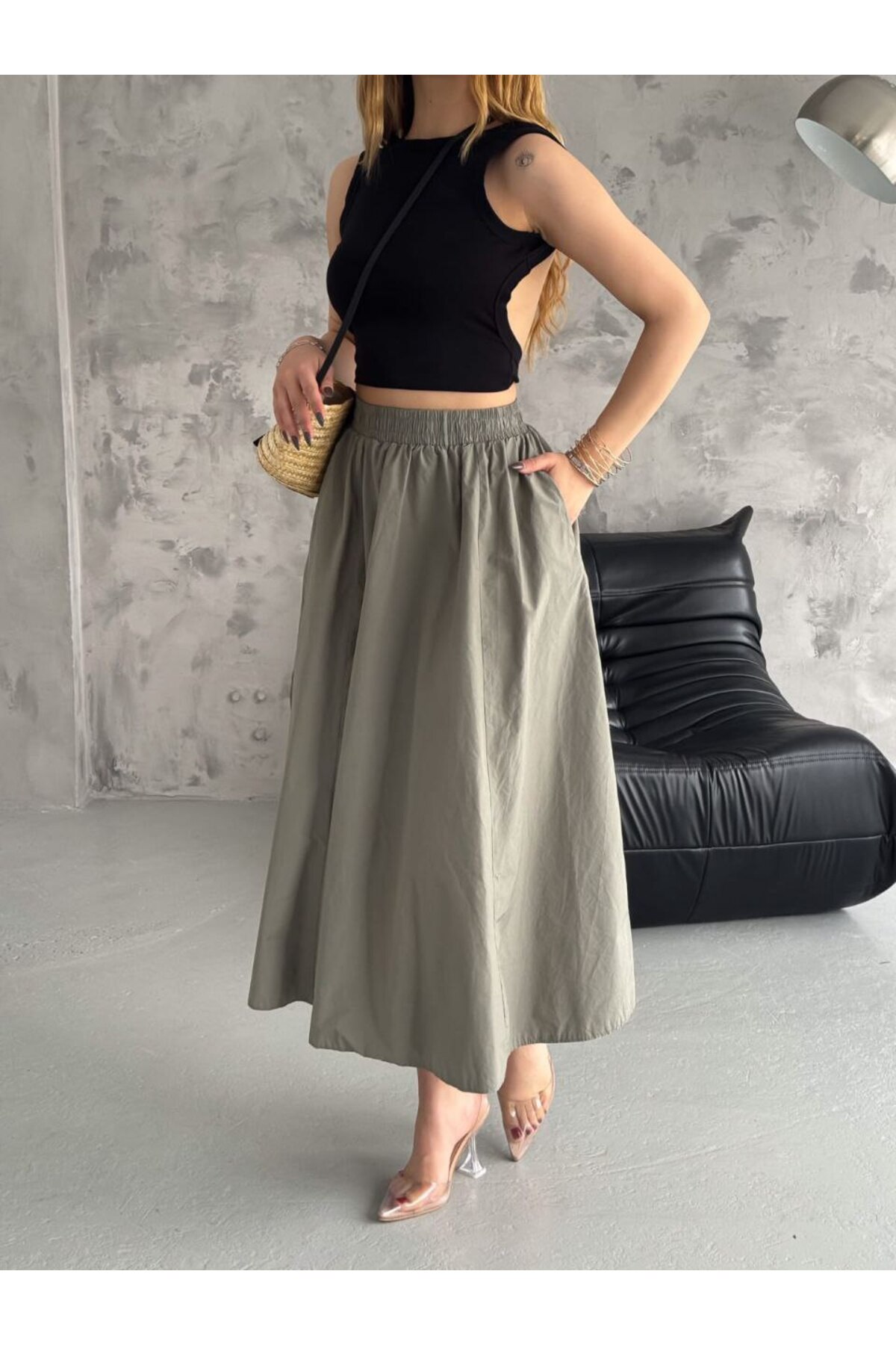 DENİKK  Trend Paraşüt Kumaş Beli Lastikli Etek - Görsel 4