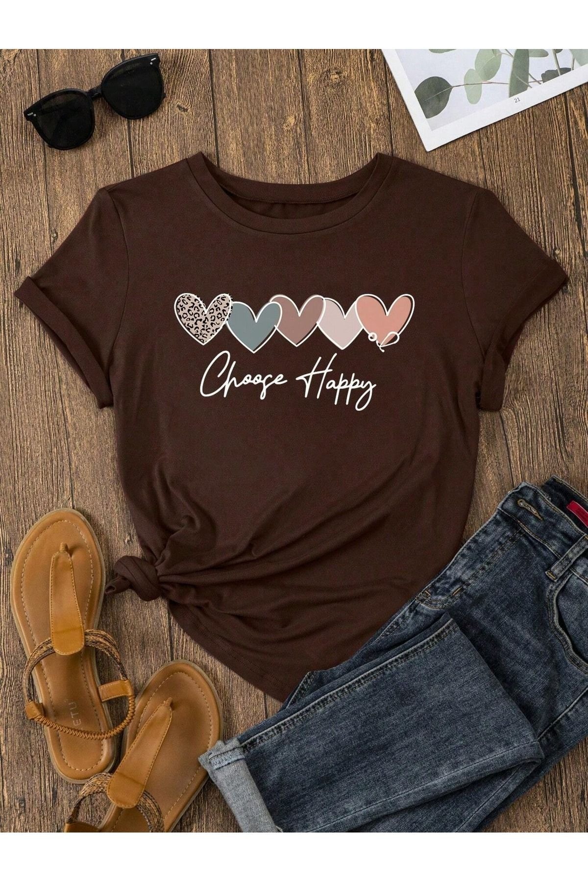 Women's Brown Chose Happy Printed Oversize T-Shirt