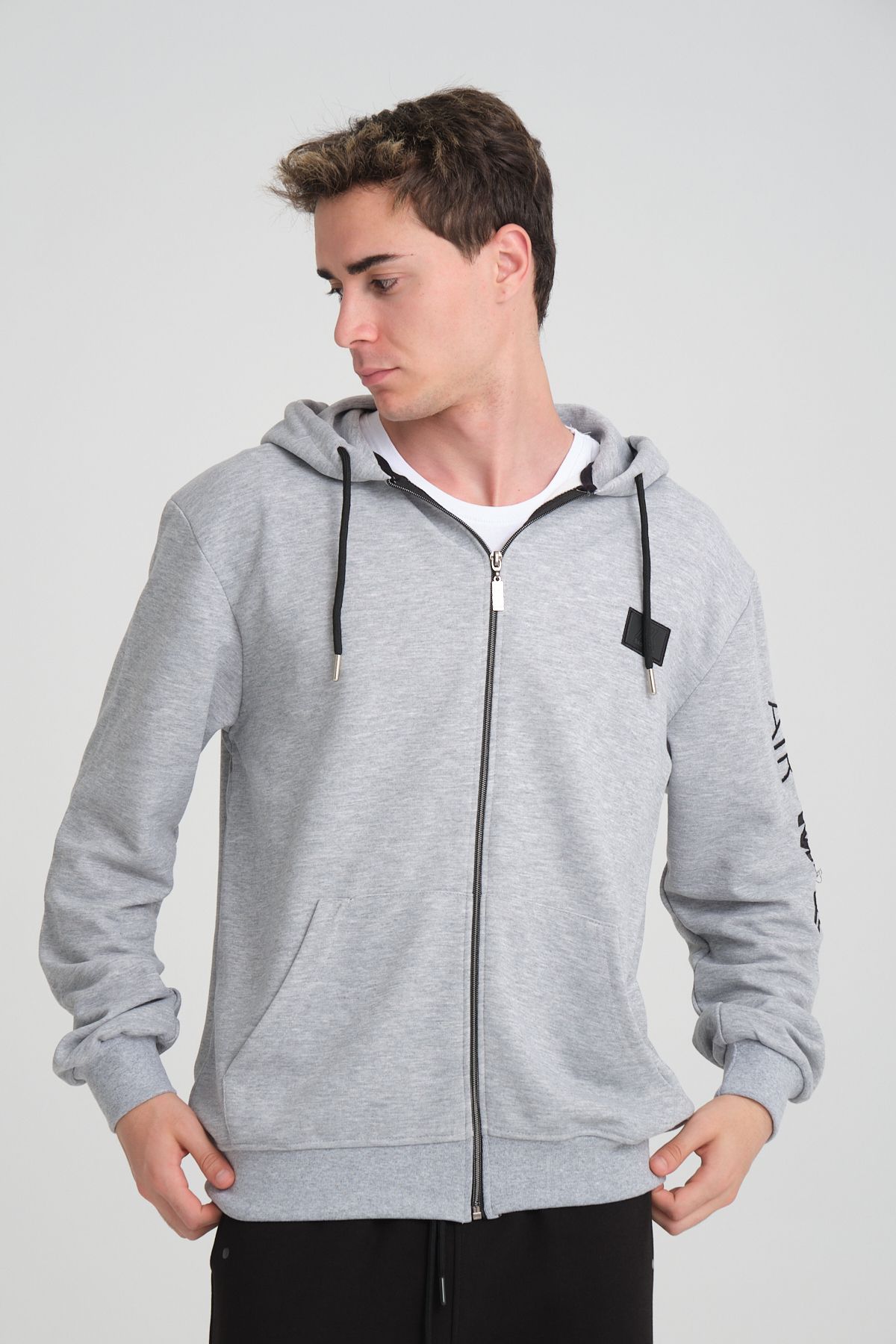 Erkek Yumuşacık Kumaşlı Fermuarlı Nakışlı Kapüşonlu Giri Sweatshirt