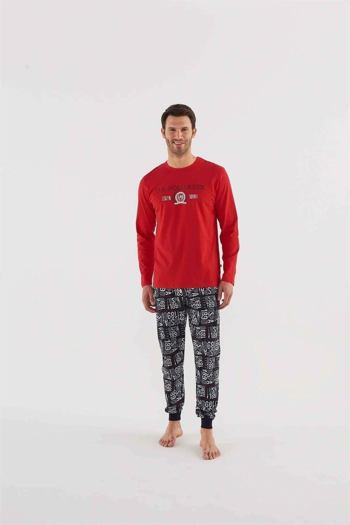 ست پیژامه قرمز مردانه لباس خواب آستین بلند 18634 U.S. Polo Assn.