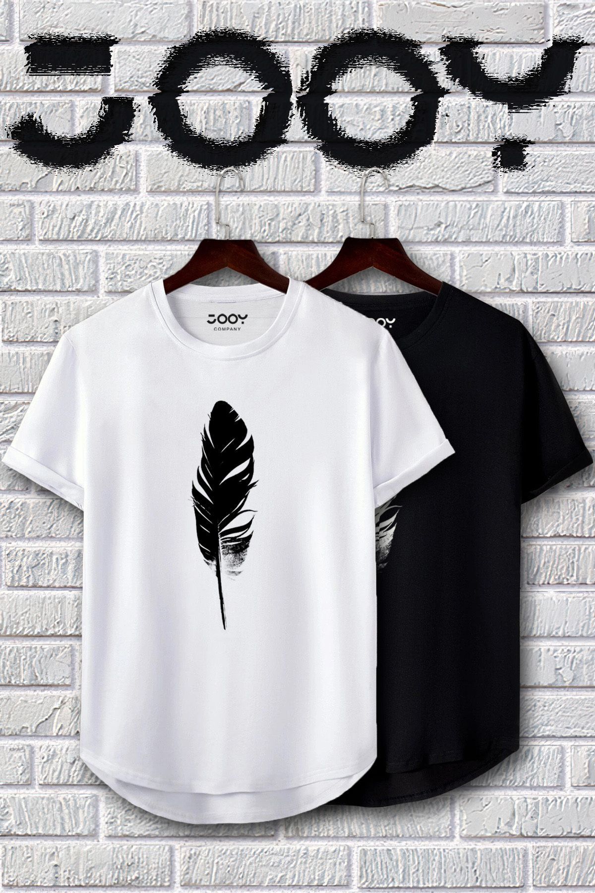 Jooy Company Unisex Siyah Beyaz Oval Kesim Tüy Tasarım Tshirt Ikili Set