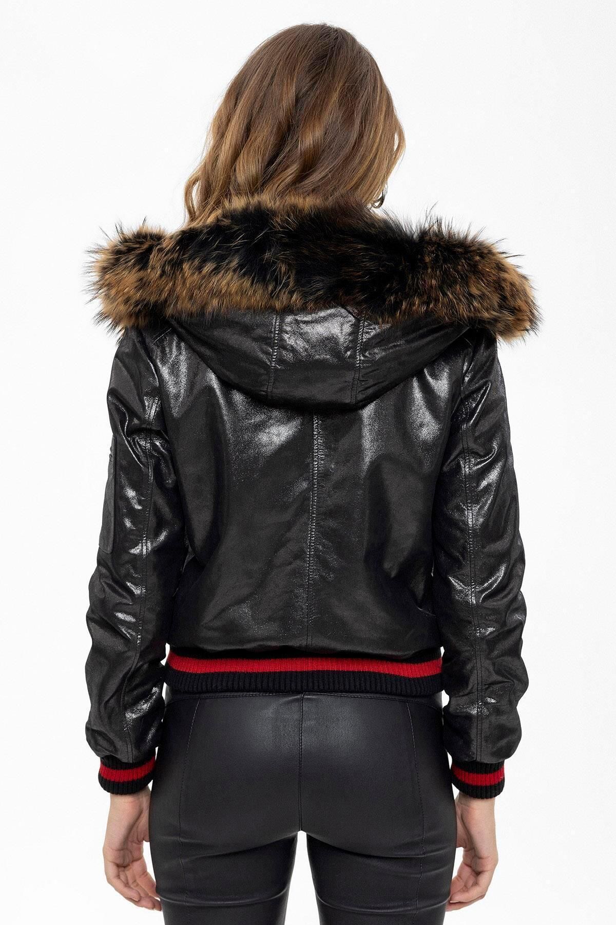Deriderim-Black Tracy Sleeve Ribbed Waist Lined Hooded Women's Genuine Leather Coat with Fur Edge 7