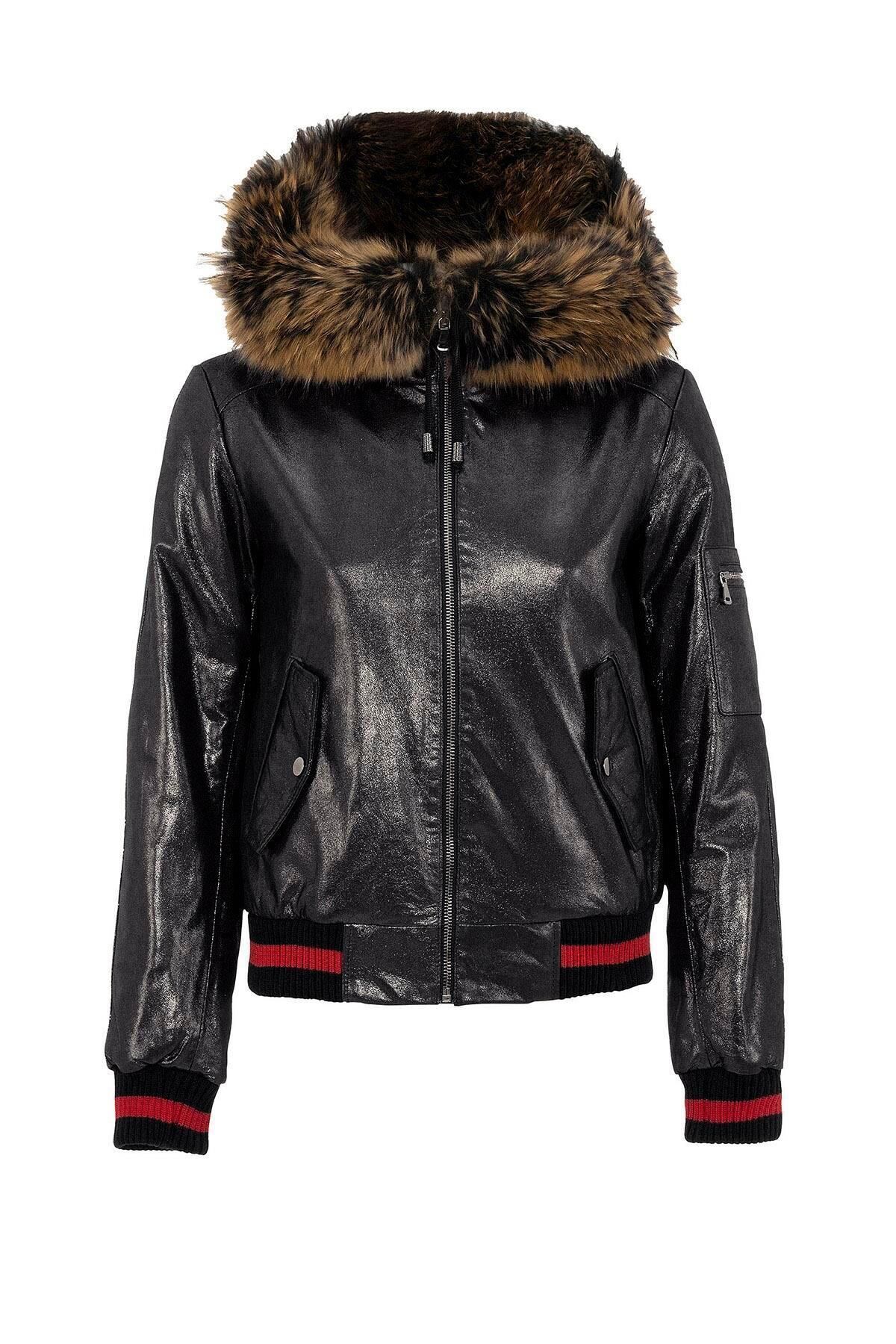 Deriderim-Black Tracy Sleeve Ribbed Waist Lined Hooded Women's Genuine Leather Coat with Fur Edge 6