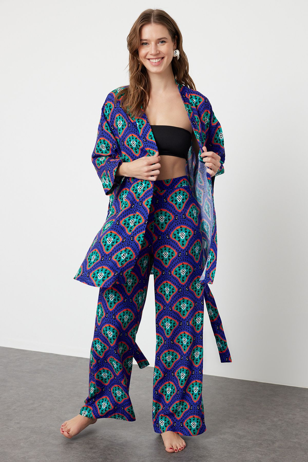 Trendyol Collection Geometryczny Wzór, Spodnie Kimono, Tkane, Z Paskiem, Zestaw Plażowy Kobieta - 36