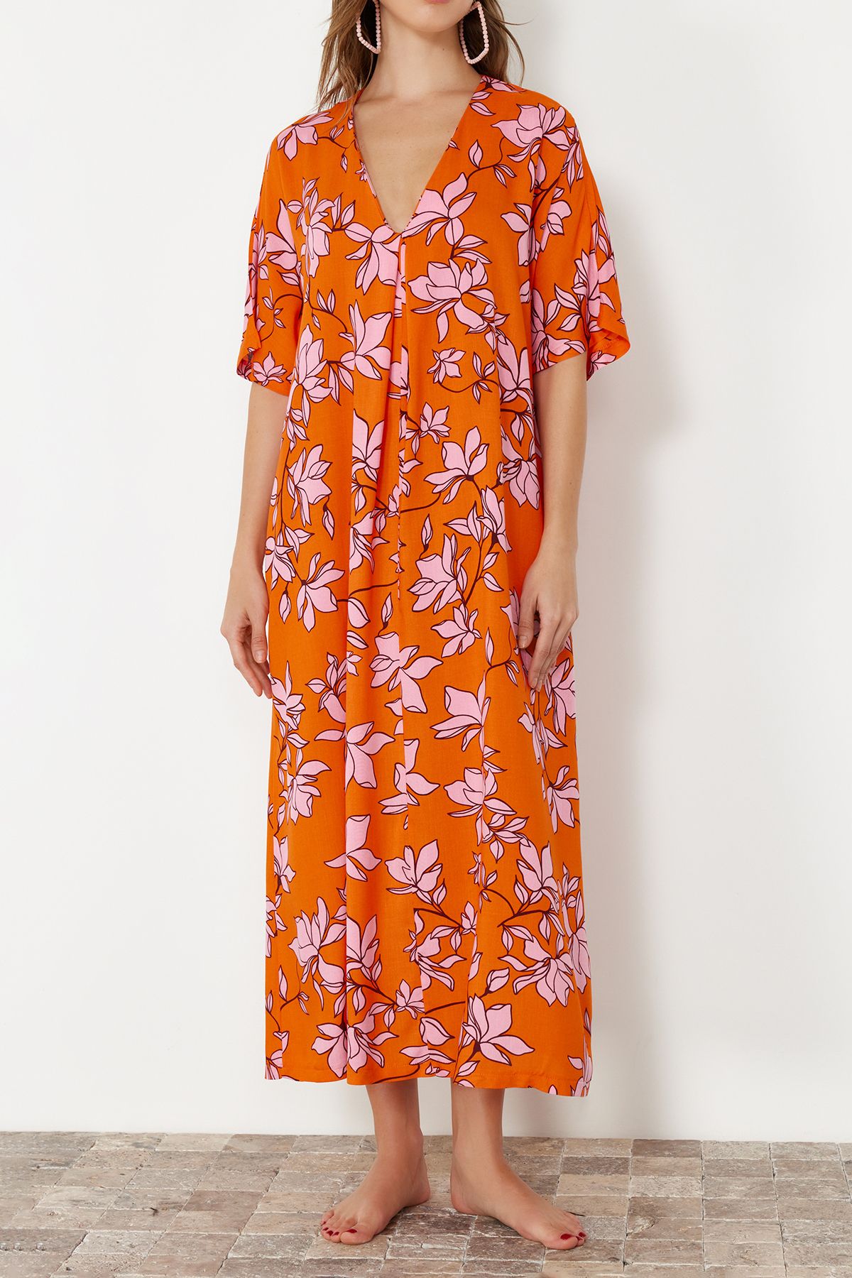 Trendyol Collection-Wide Fit Midi Floral Patterned Beach Dress - TBESS24EL00143 5