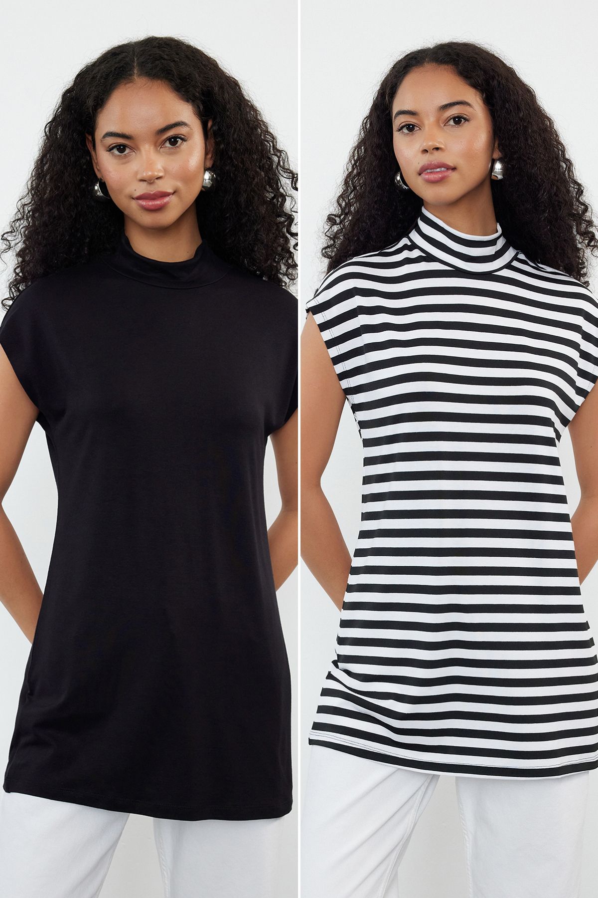Trendyol Modest-2er-Pack schwarz-weiß gestreifte Tunika mit Stehkragen und ärmellosem Futter - TCTSS21UK0033 2