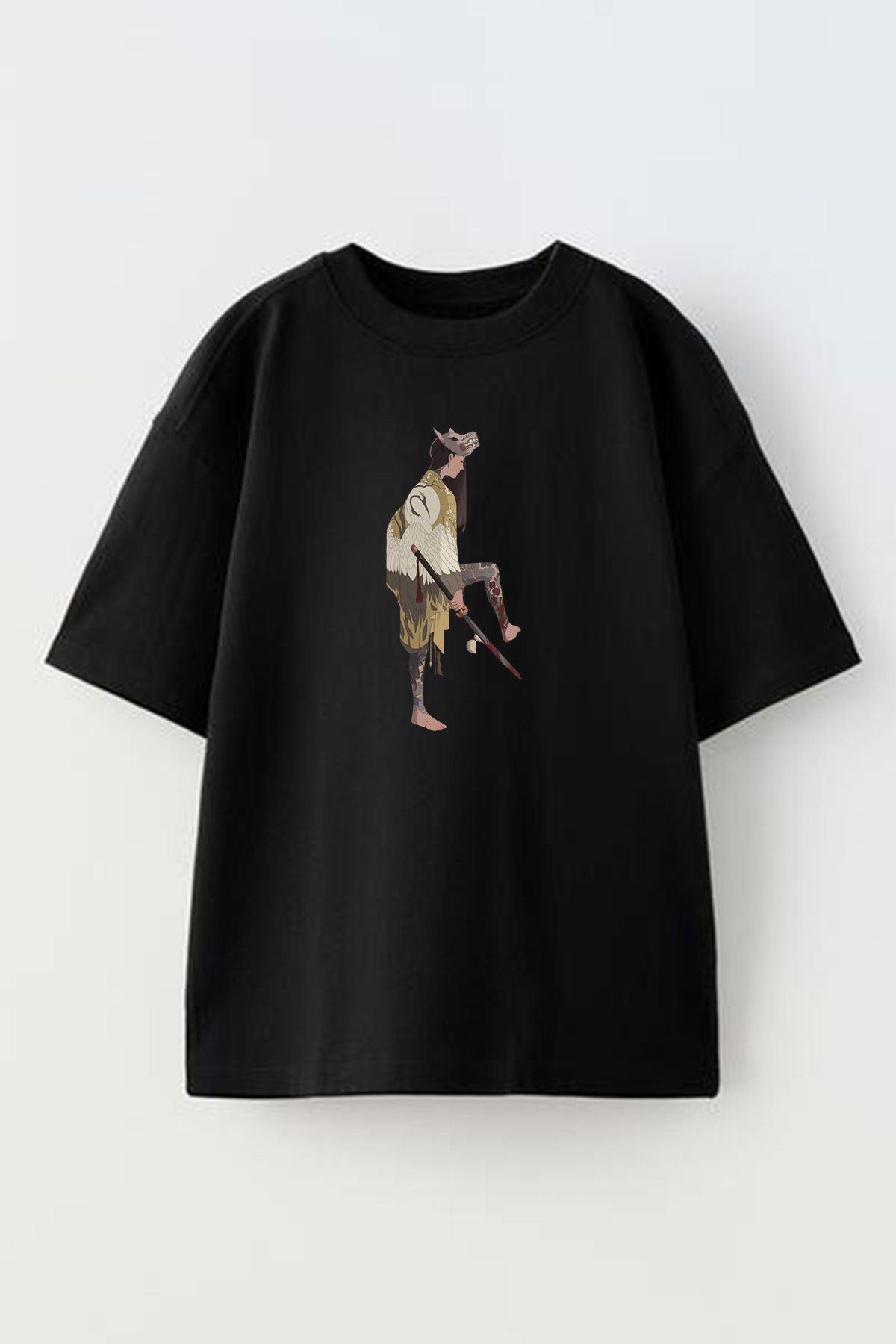 NMG TEKSTİL Tricou De Damă Din Bumbac Supradimensionat Negru Cu Mască De Lup - Tricotat Imprimat Unisex - L
