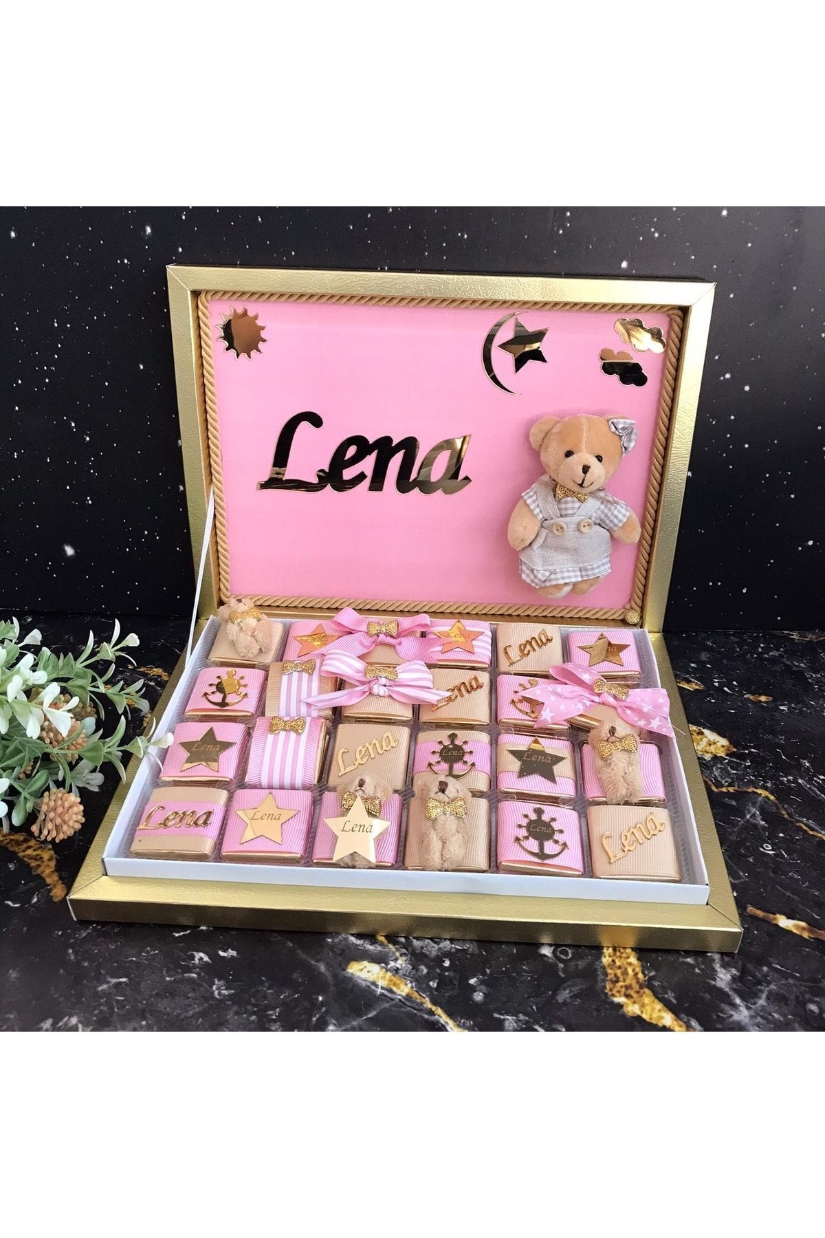 Lüks Ayıcıklı Kutuda 48 Adet Sütlü Madlen Çikolata, Özel Süslü Kız (pembe-gold)