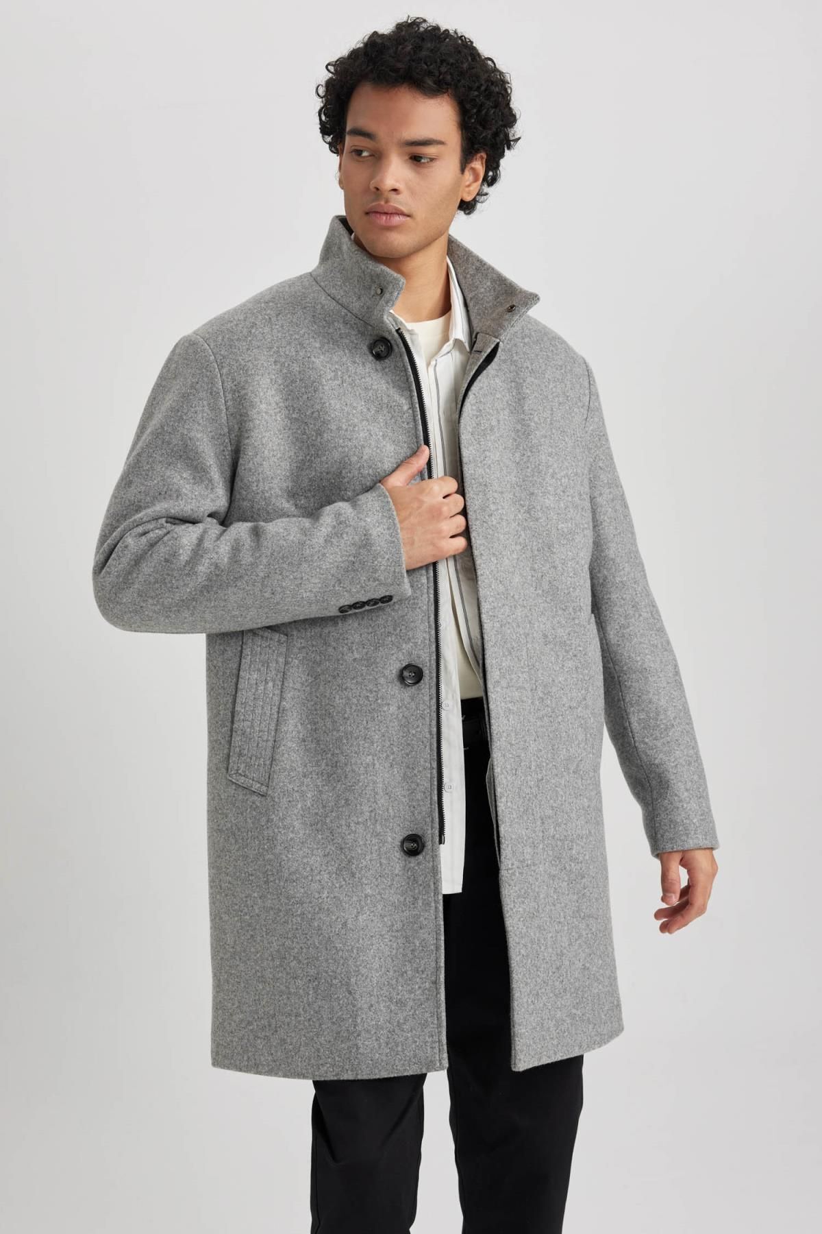 DeFacto-Stand Collar Regular Fit Cashmere Coat with Buttons and Pockets A3557Ax23Wn 6