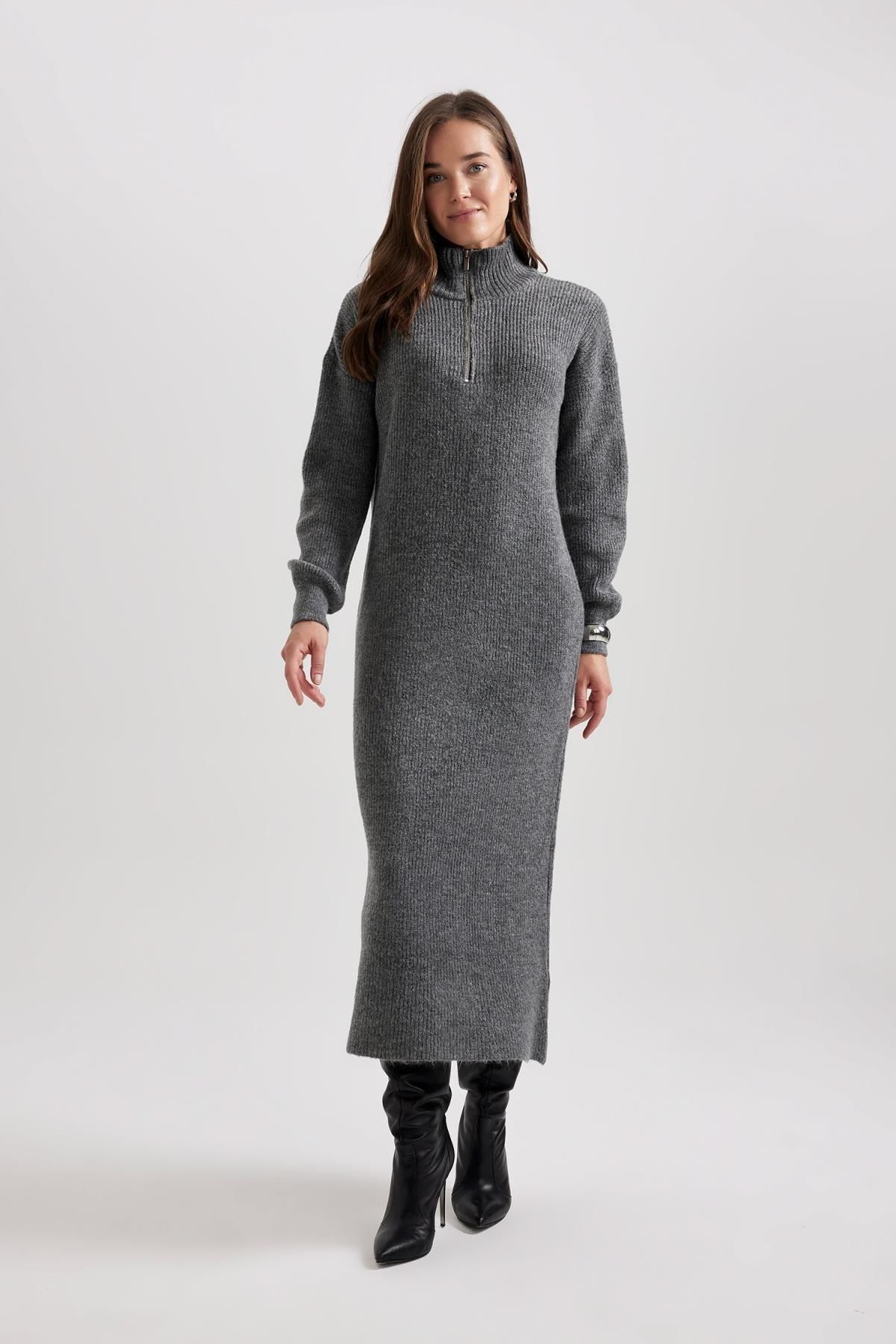 DeFacto-Rochie maxi din tricotaje cu guler - mânecă lungă, croire regulata B0195ax23wn 3