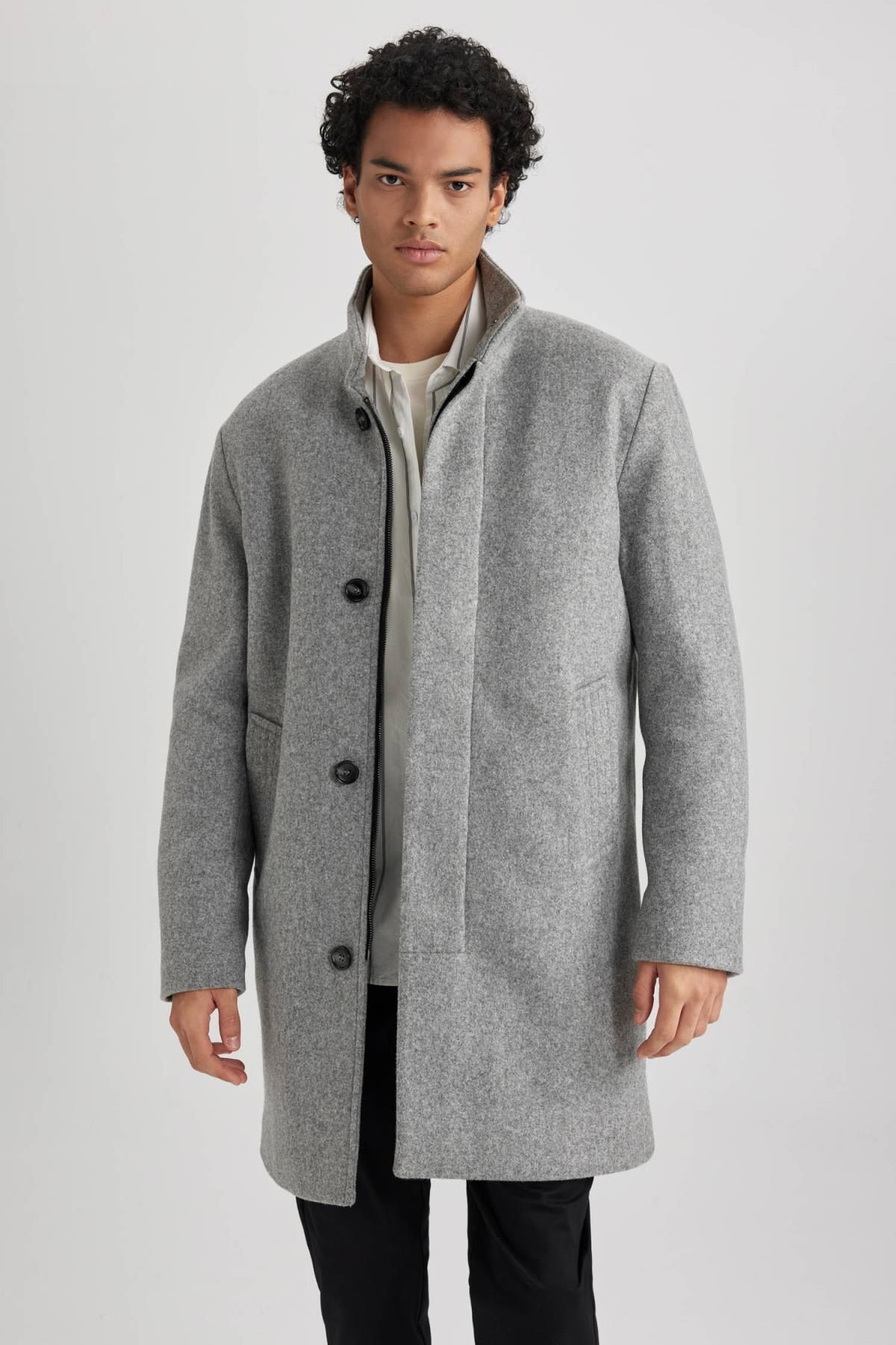 DeFacto-Stand Collar Regular Fit Cashmere Coat with Buttons and Pockets A3557Ax23Wn 4