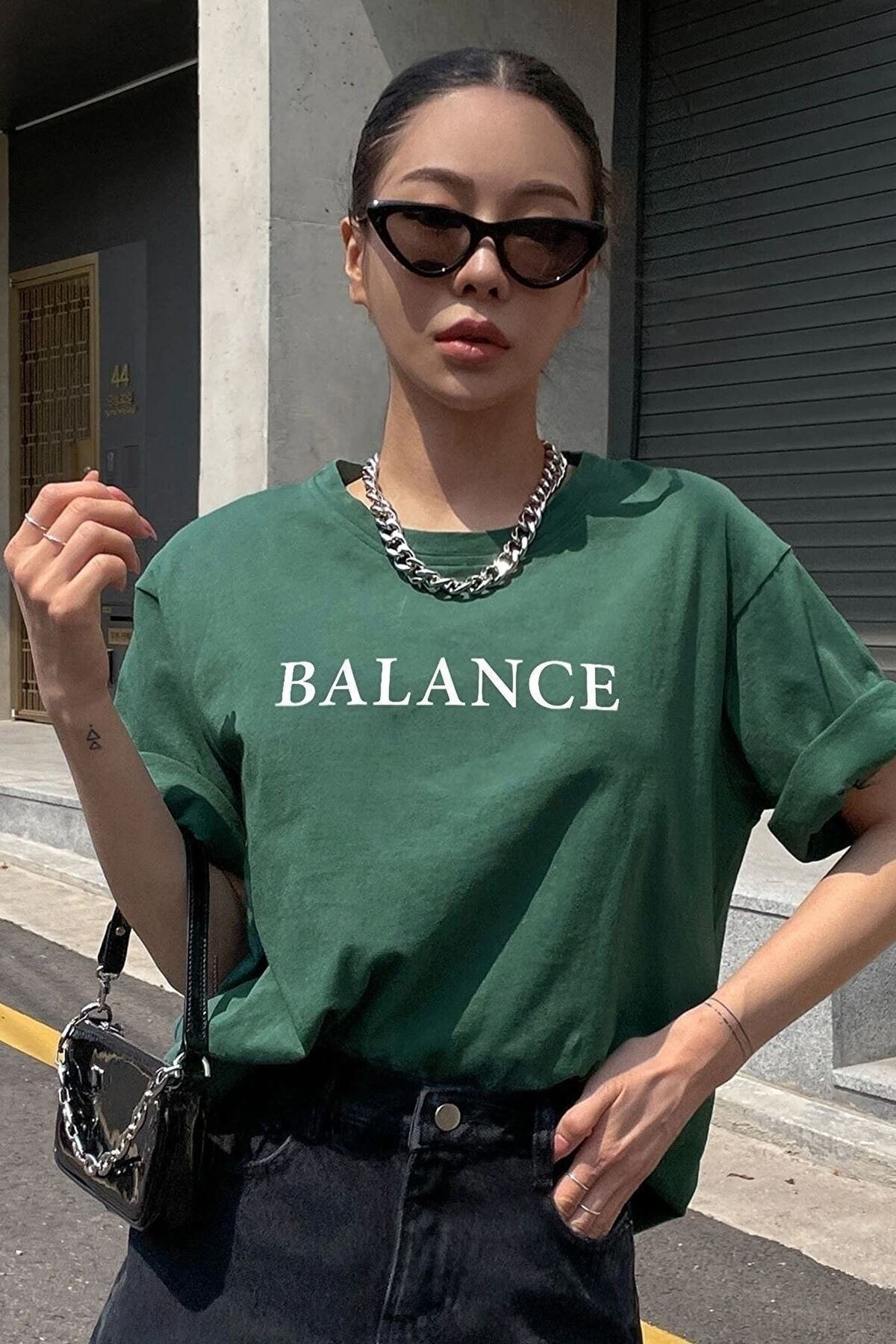 Women's Nefti Green Balance Printed Oversize T-Shirt