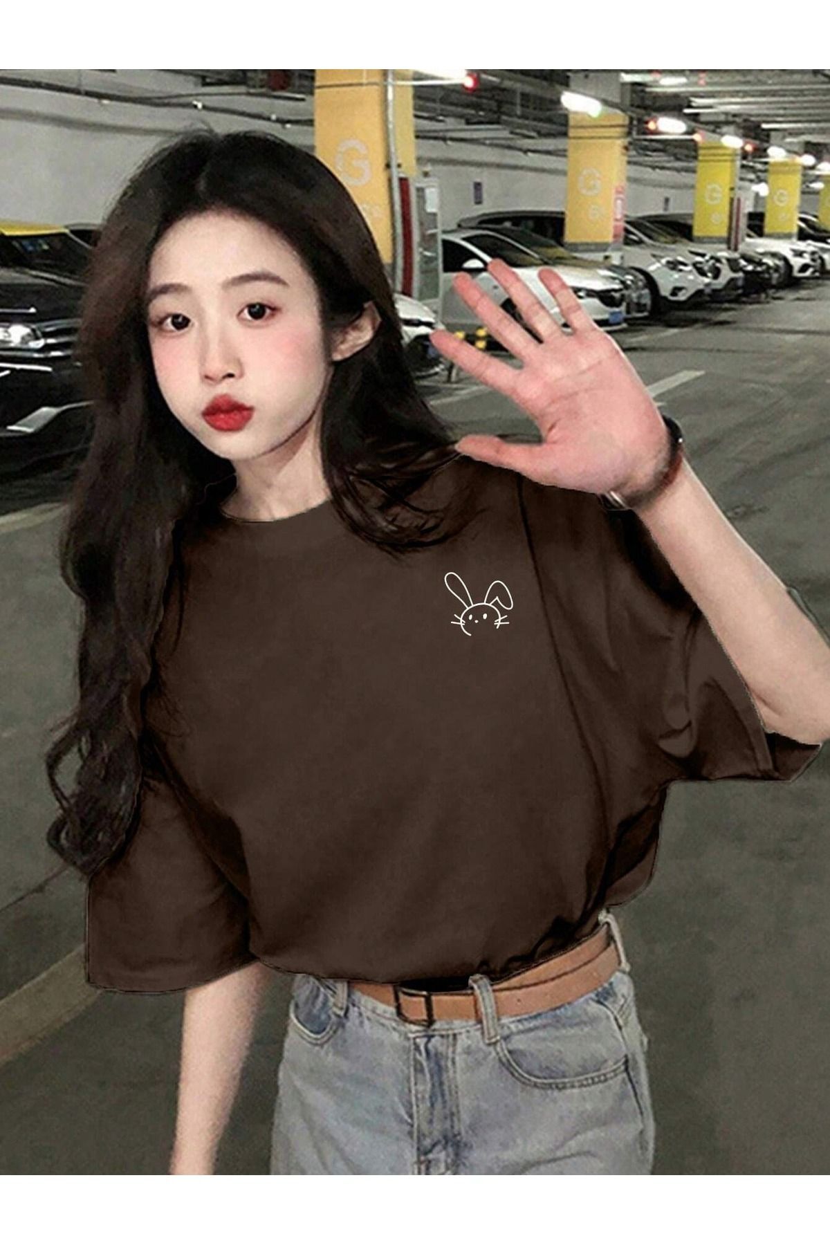 Women's Brown Figure Rabbit Printed Oversize T-Shirt