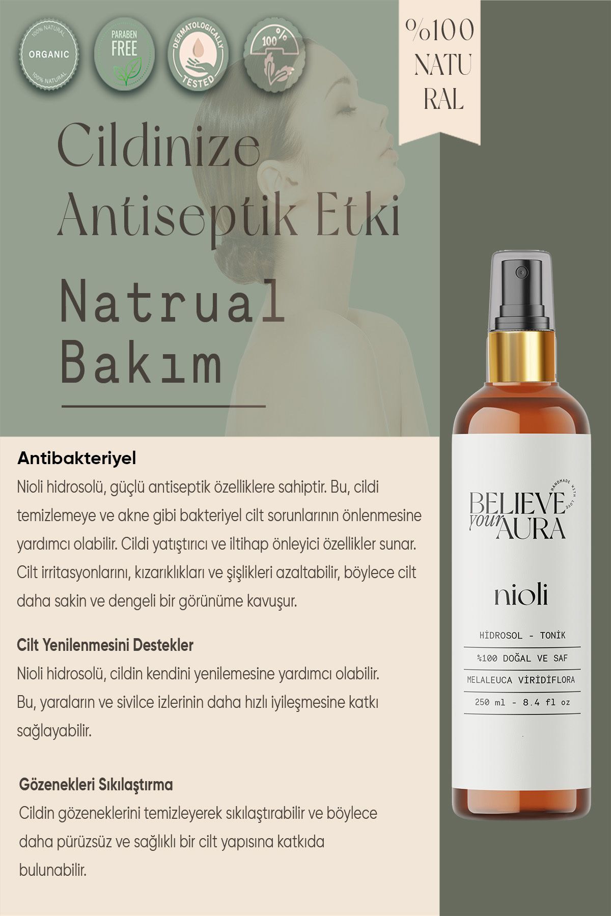 Nioli Water 100% خالص و طبیعی ضد عفونت سبوم متعادل کننده ضد آکنه - 250 میلی لیتر Believe Your Aura