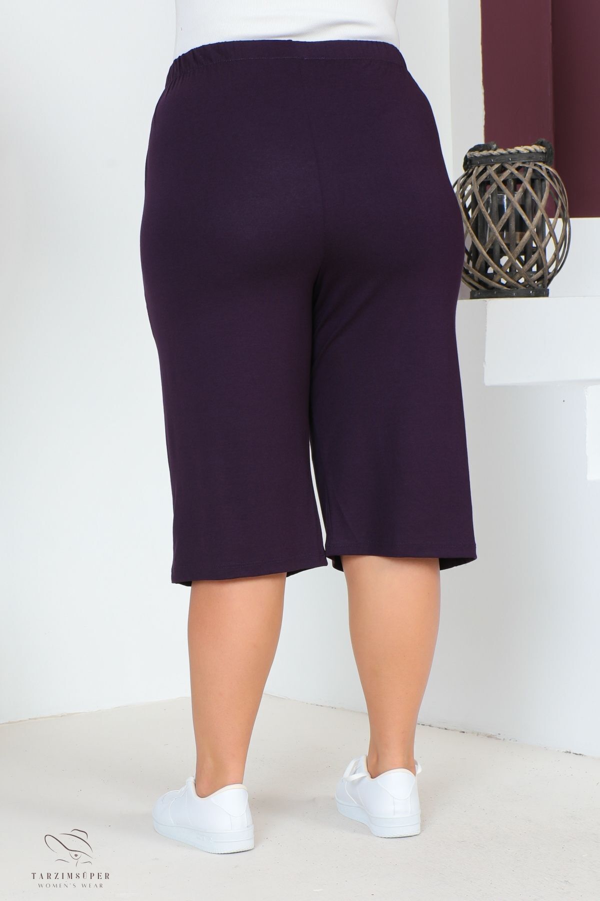 tarzımsüper-Women's Large Size Elastic Waist Comfort Model with Pockets Comfortable Fit Lycra Cotton Wide Leg Capri 5