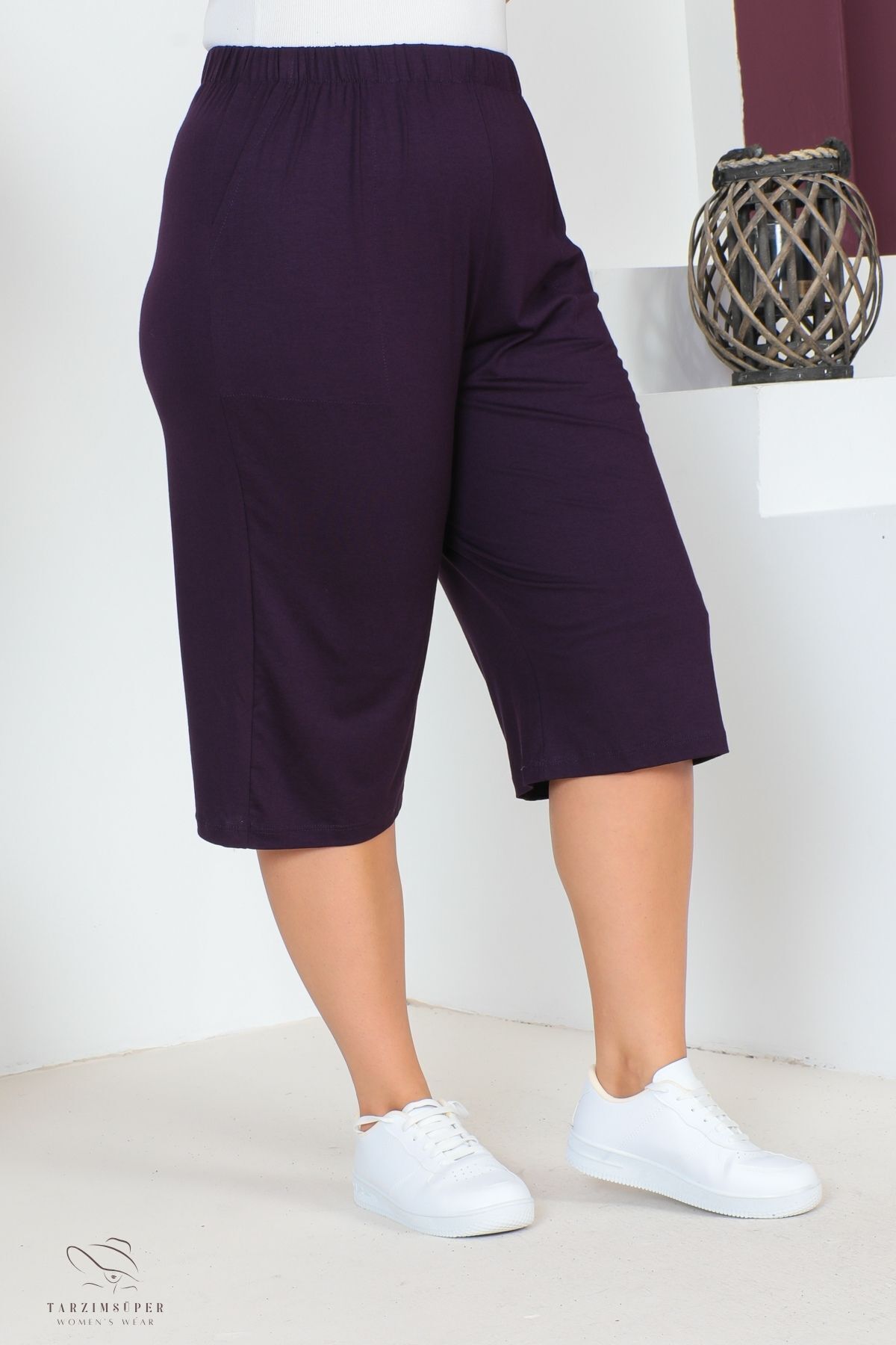tarzımsüper-Women's Large Size Elastic Waist Comfort Model with Pockets Comfortable Fit Lycra Cotton Wide Leg Capri 7