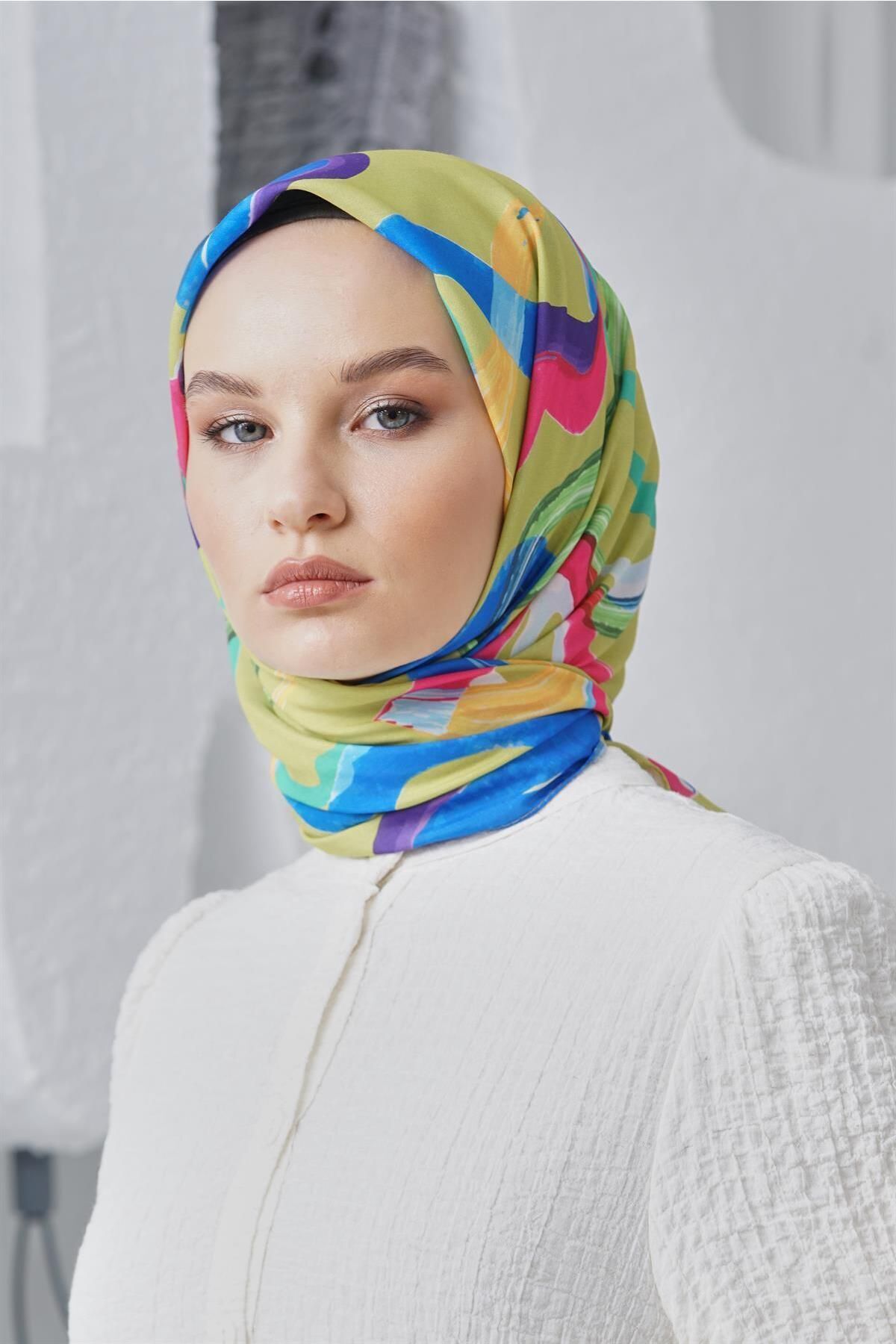 روسری سبز حجاب پارچه کتانی مخلوط پنبه بادام زمینی Loryan