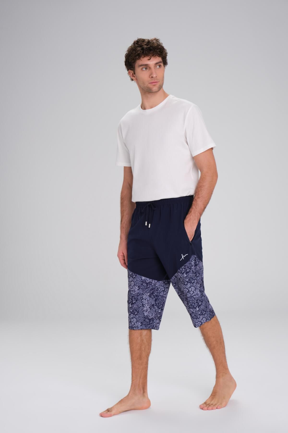 Haşema-Navy Blue and White Patterned Long Men's Shorts - 24-13 for Pool and Sea 4