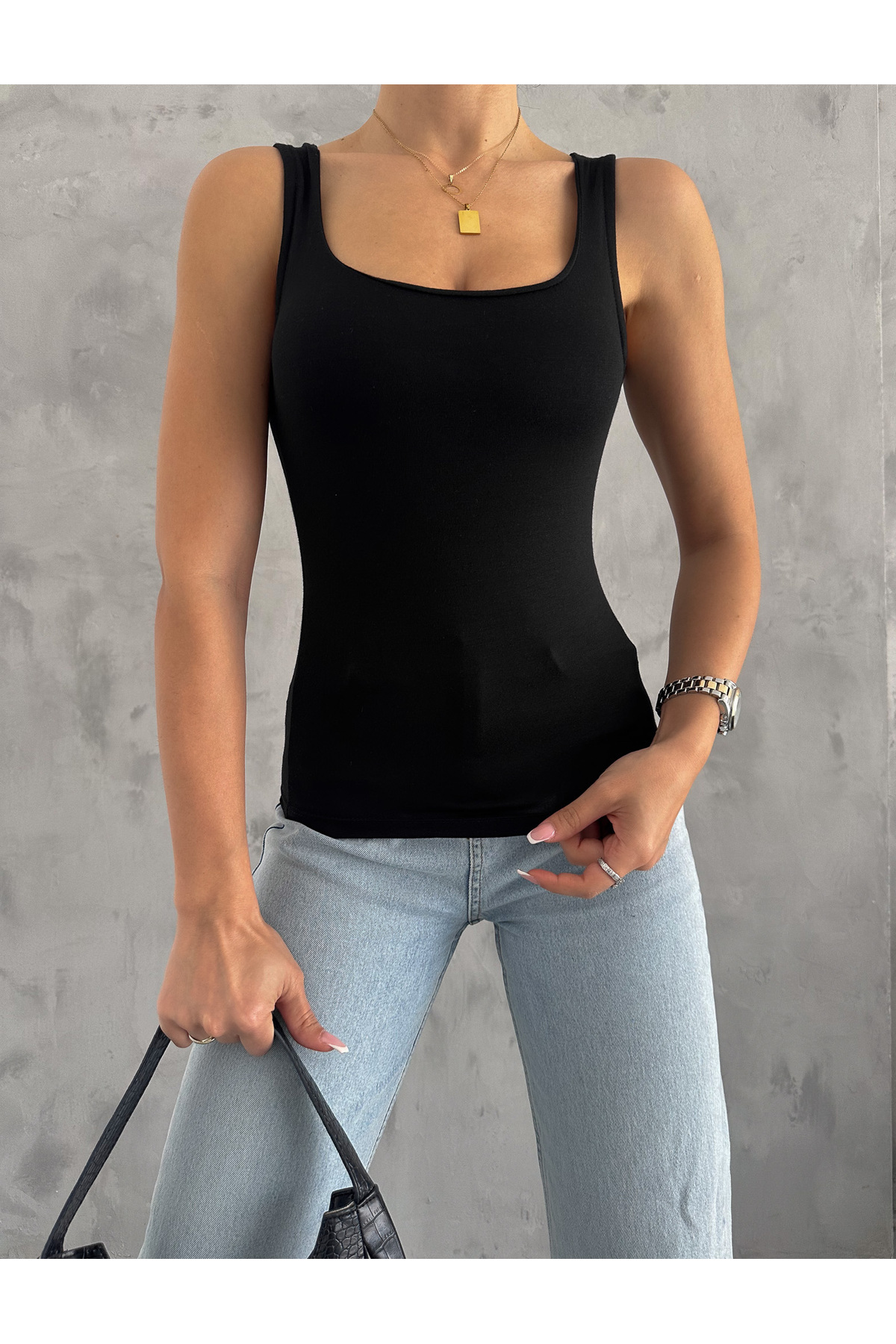 ladyzey  kadın siyah kare yaka önü çift katlı kalın askılı bluz - Görsel 4