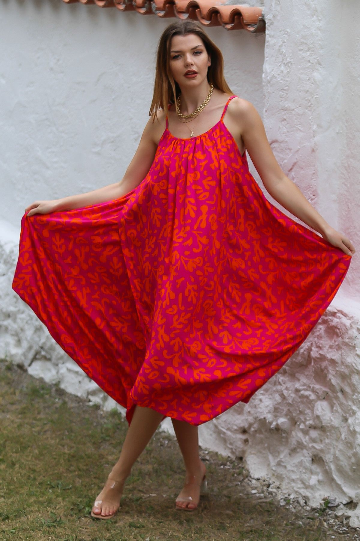 Chiccy-Rochie roșie cu imprimeu țesut casual - cu bretele și încrețite 4