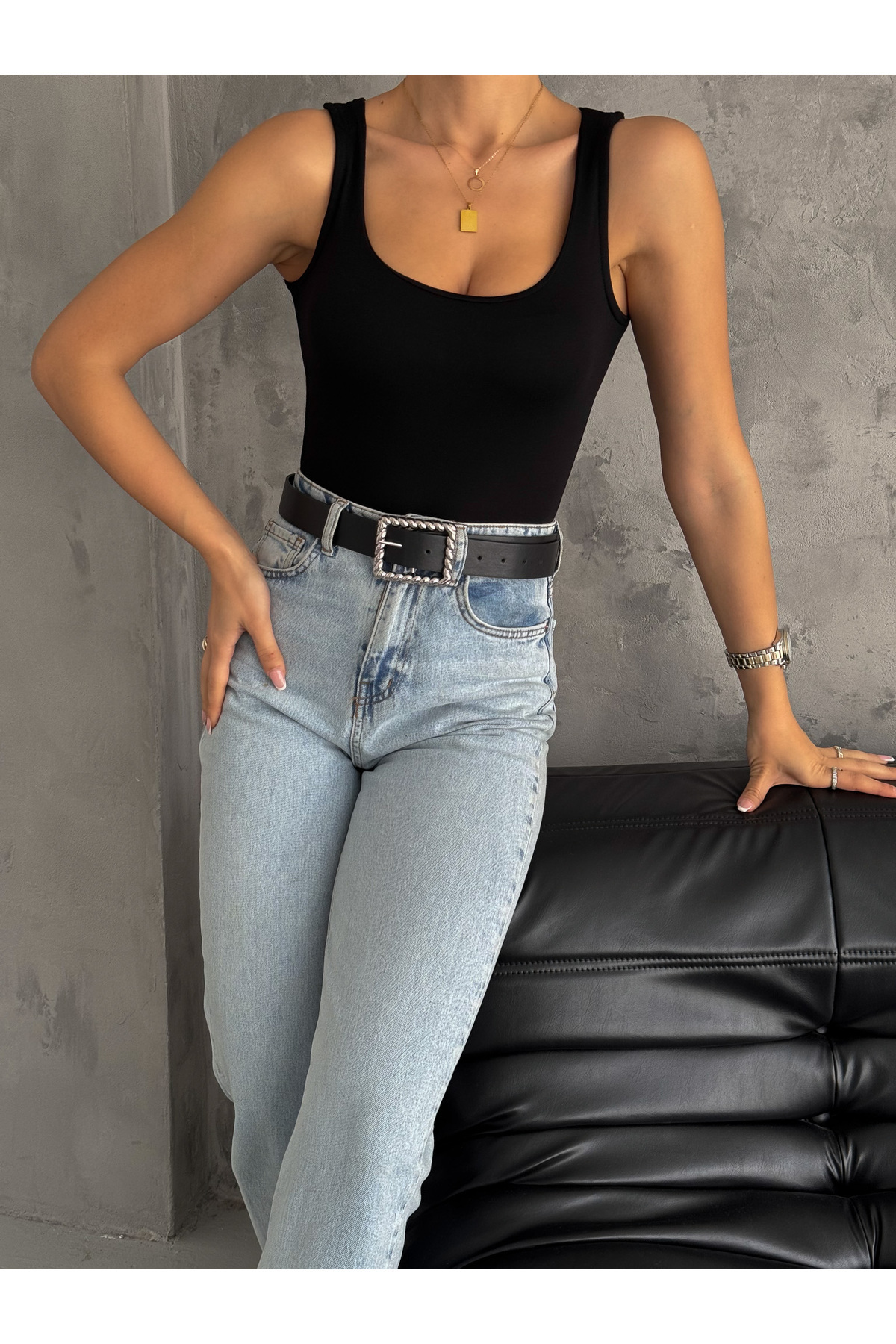 ladyzey  kadın siyah kare yaka önü çift katlı kalın askılı bluz - Görsel 3