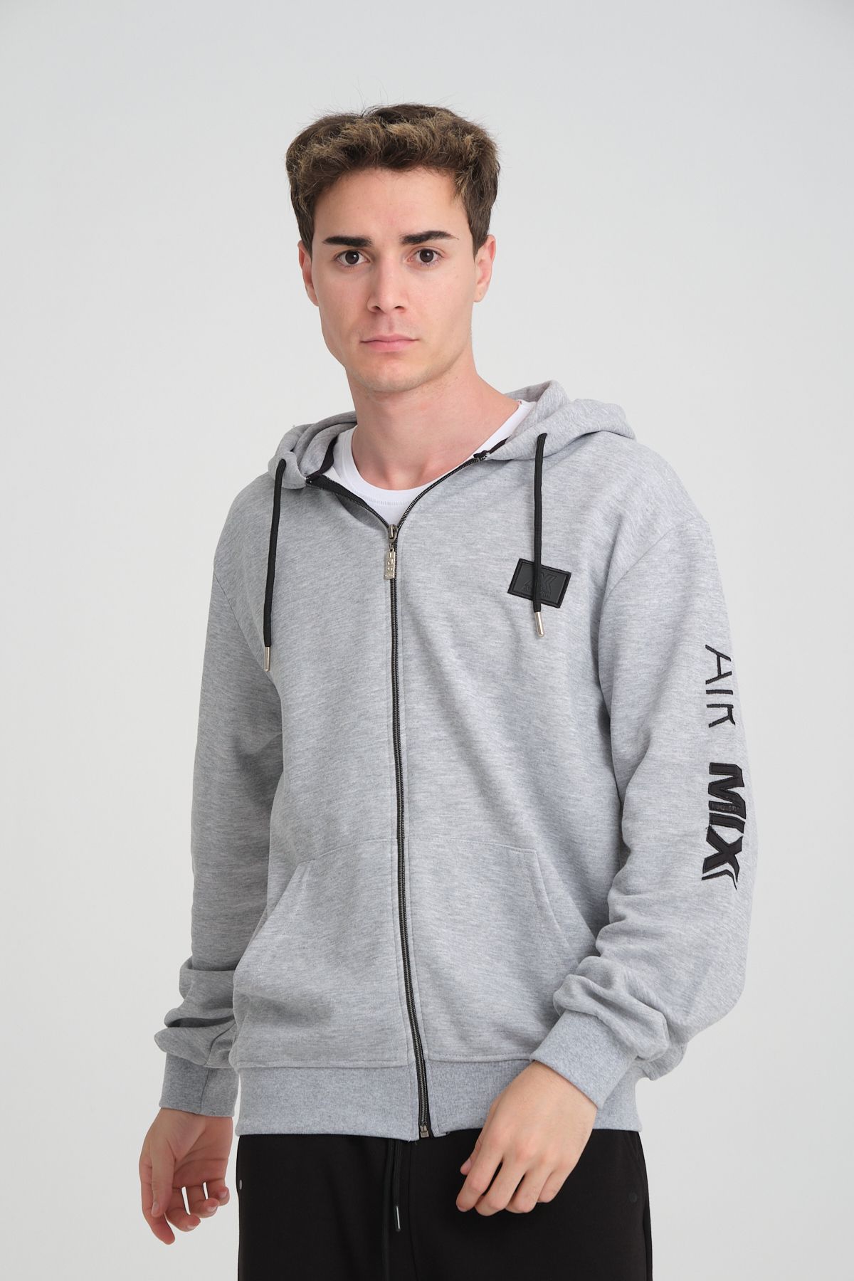 Erkek Yumuşacık Kumaşlı Fermuarlı Nakışlı Kapüşonlu Giri Sweatshirt