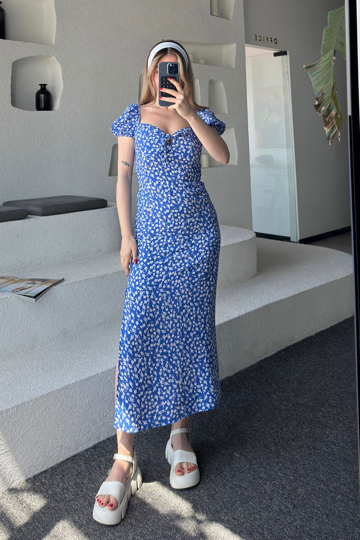 Z G Y M Blue Patterned Women s Dress Square Neck Slit Zero Sleeve Trendyol