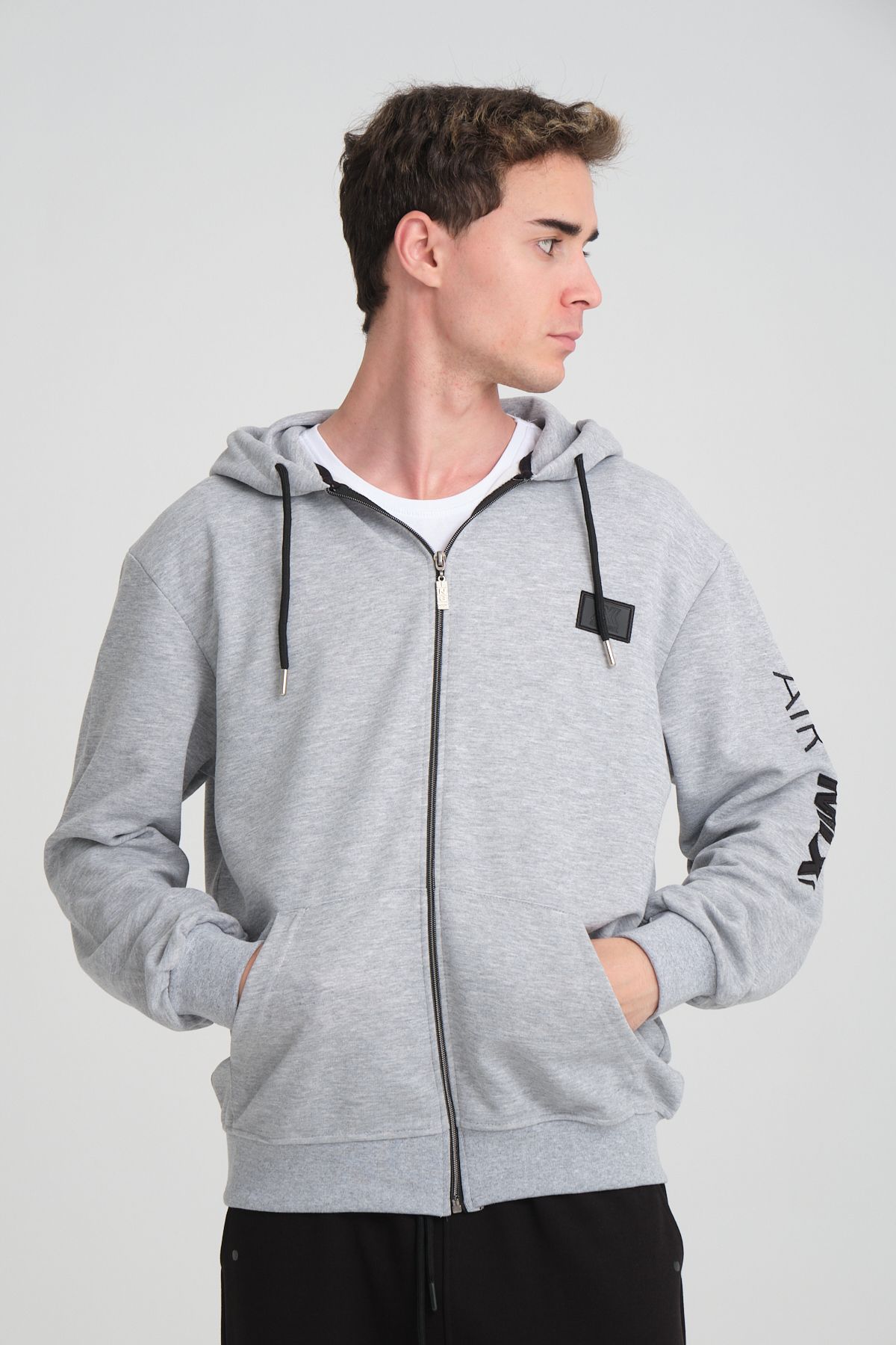 Erkek Yumuşacık Kumaşlı Fermuarlı Nakışlı Kapüşonlu Giri Sweatshirt