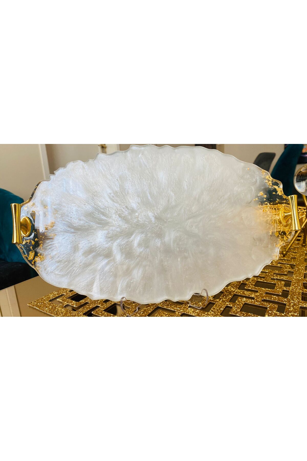 Epoksiozlemim epoksi sedef rengi altın varaklı nişan& söz tepsisi