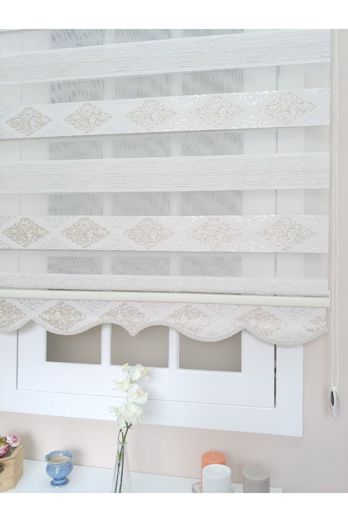 Atölye Perde Krem Gümüş Jakarlı Damask Zebra Stor Perde - Görsel 1