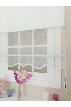 Atölyeperde Atölye Perde Çiftli Sistem Örme Beyaz Şantuk Desenli Tül Ve Stor