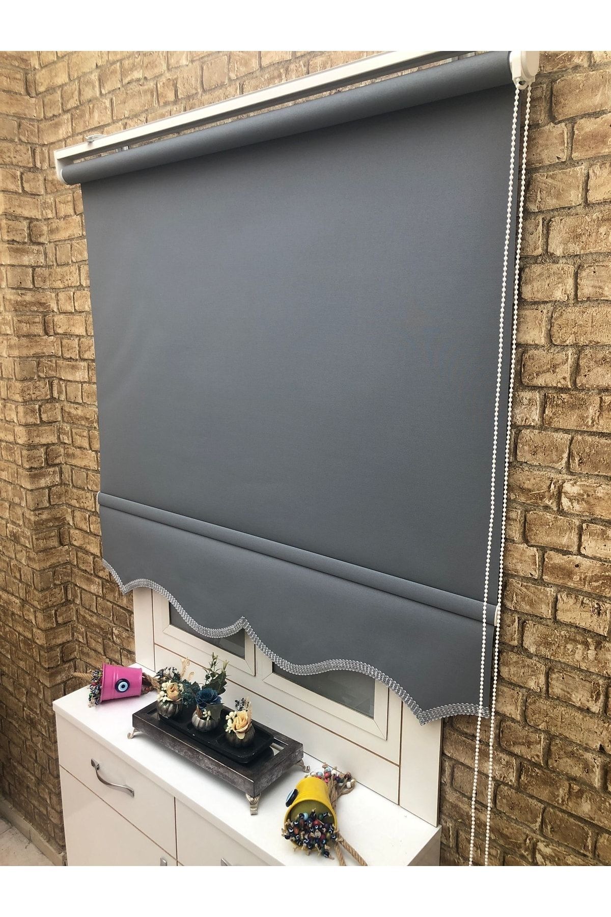 1. Quality Dark Gray Thick Linen Roller Blind (Modern Sunshade with skirt)