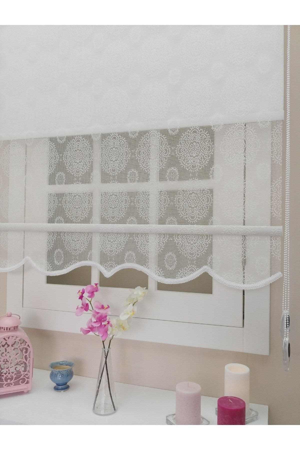 Atölye Perde Çiftli Sistem Beyaz Yuvarlak Damask Desenli Tül+stor - Görsel 1