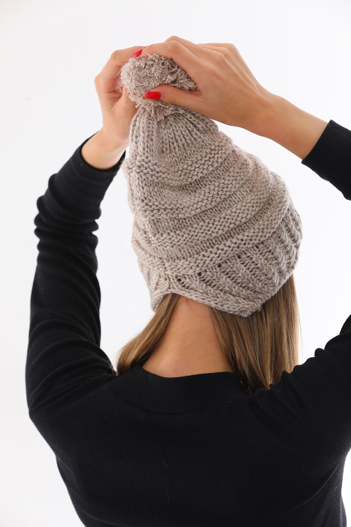 Ritagarcia  Kadın Kalın Taş Örgü Ponponlu Bere - Görsel 5