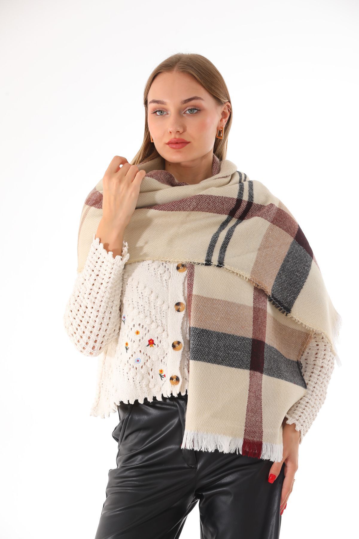 Ritagarcia-Women's Soft Textured Beige-burgundy Plaid Scarf 3