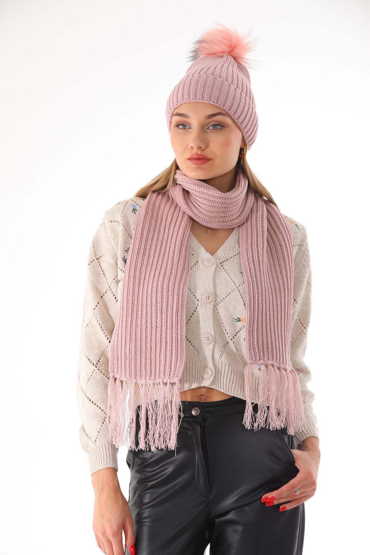 Ritagarcia Set De Eșarfe Thessaloniki Beanie Powder Cu Pompon Femeie - Standard