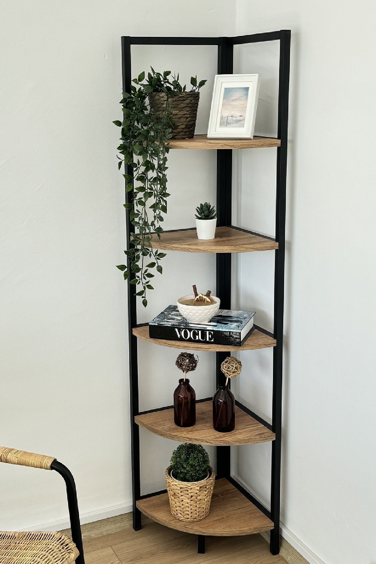 TOLIAHOME Modern 5 Katlı Metal İskeletli Köşe Raf Suntalam Raflı Kitaplık Aksesuar Rafı