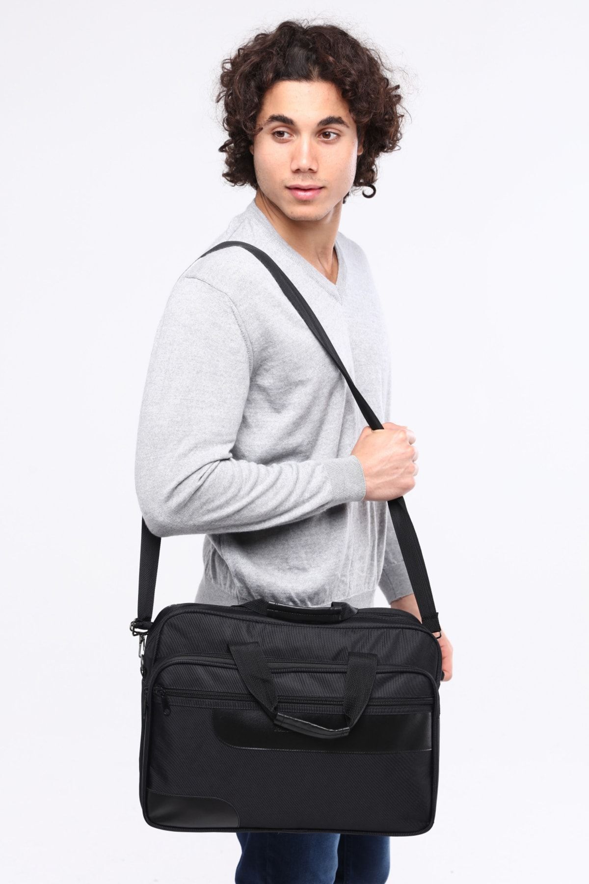 Ramsburry  Unisex Siyah Su Geçirmez 15.6 Inç Laptop Bölmeli Çok Gözlü Çapraz Ayarlanabilir Askılı Evrak Çantası