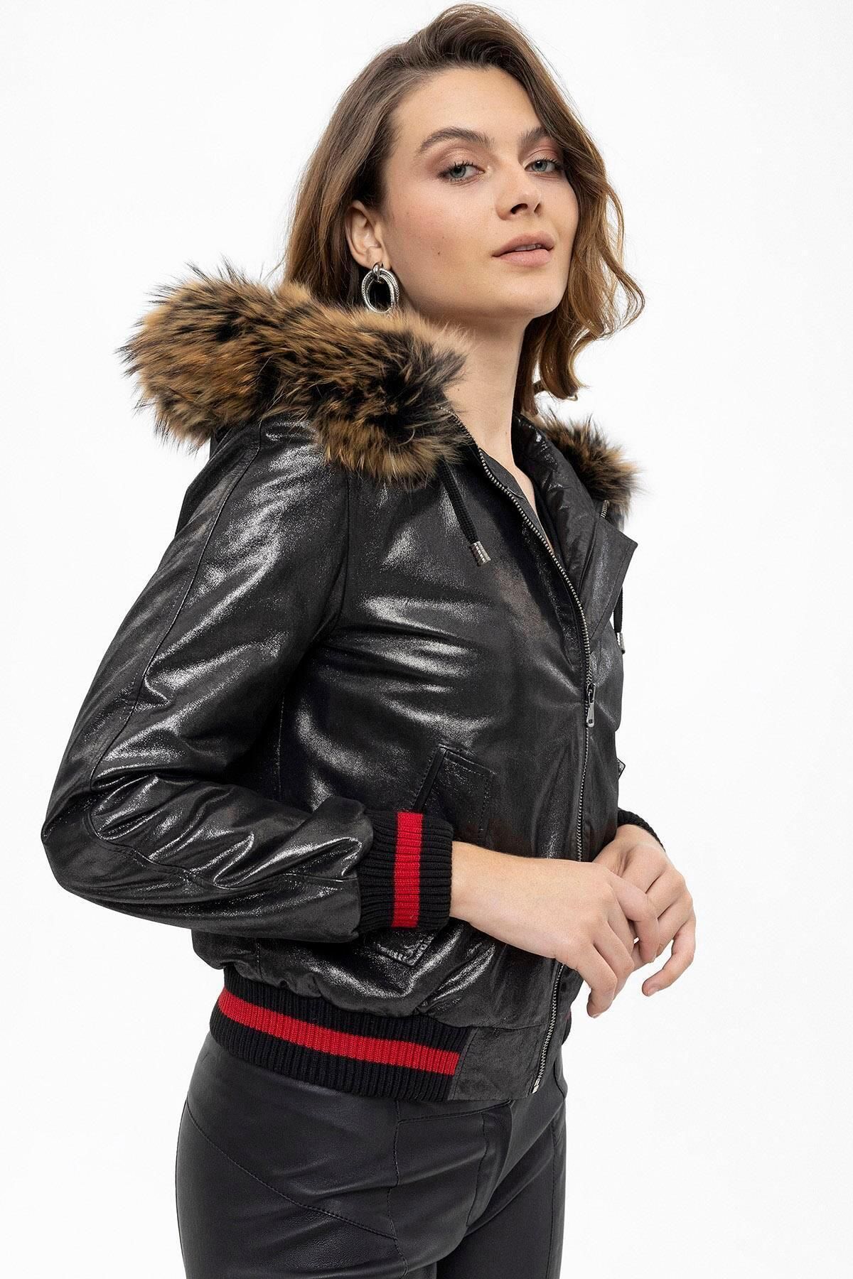 Deriderim-Black Tracy Sleeve Ribbed Waist Lined Hooded Women's Genuine Leather Coat with Fur Edge 2