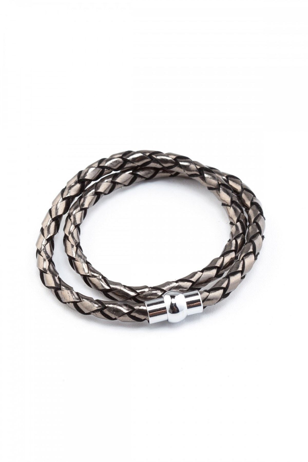 Grey Genuine Leather Magnet Closed Knit Bracelet