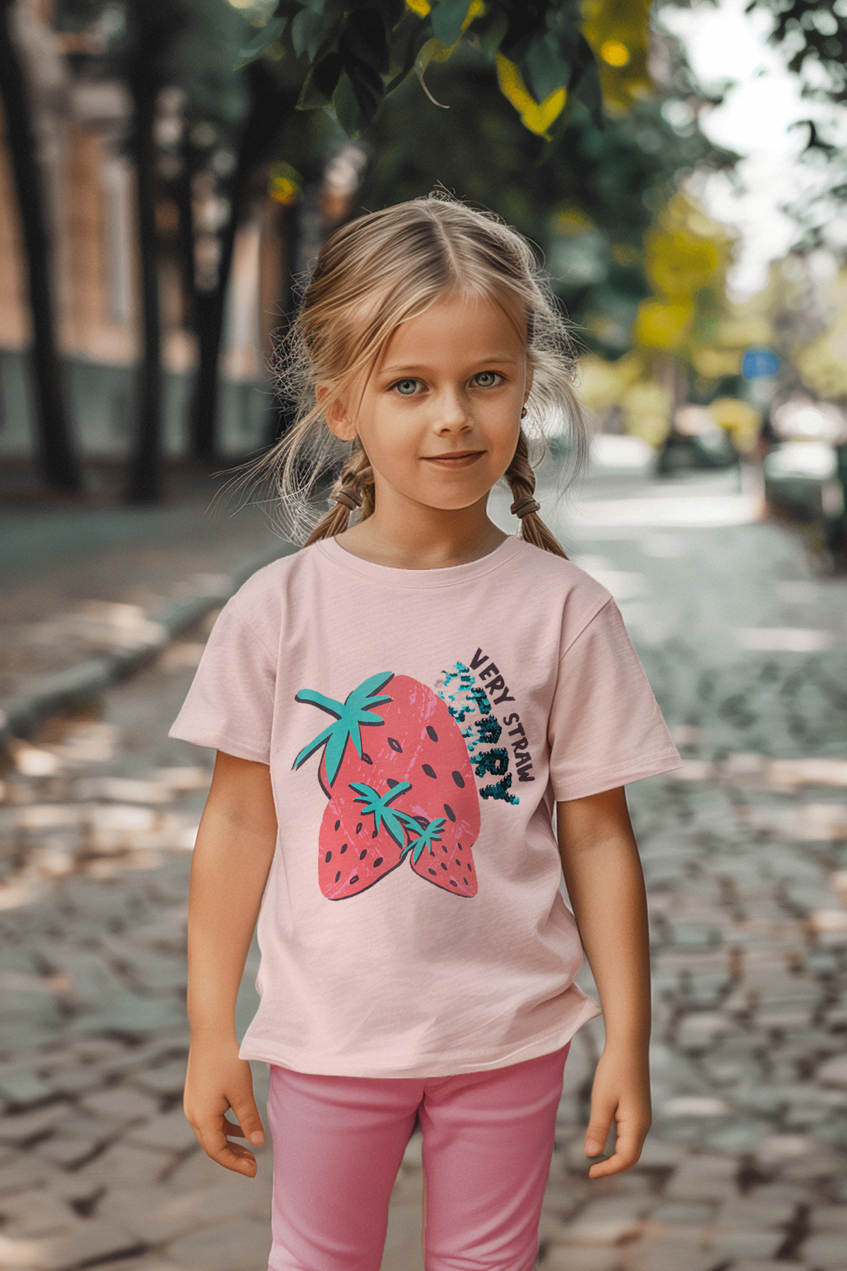 Trendyolmilla Kids Pembe Kız Çocuk %100 Pamuk Çilek Desenli Regular/Normal Kalıp Kısa Kol Örme T-Shirt TKDSS24TS00007