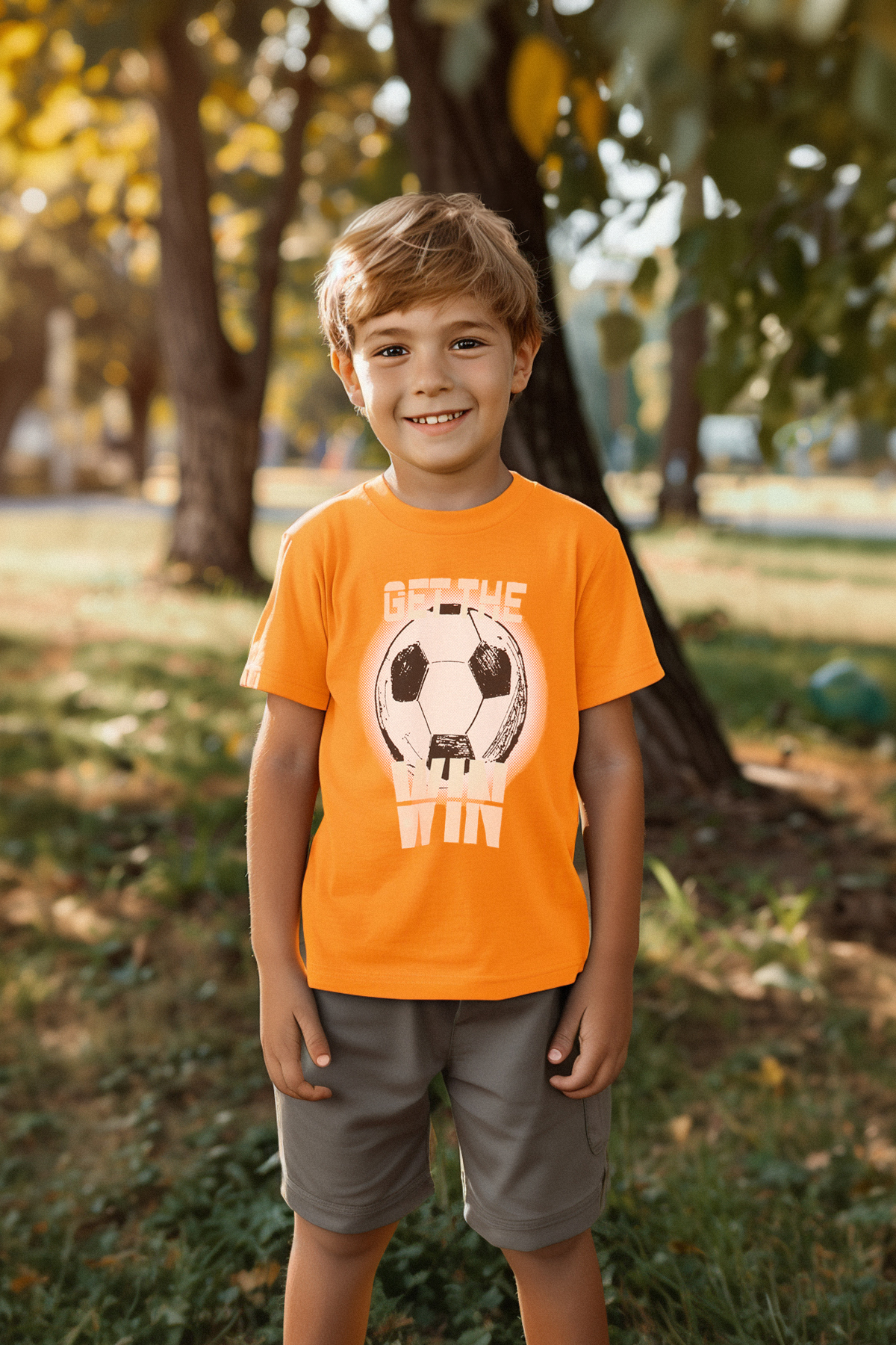 Trendyolmilla Kids Turuncu Erkek Çocuk %100 Pamuk Futbol Desenli Regular Kalıp Kısa Kol Örme T-Shirt TKDSS24TS00038