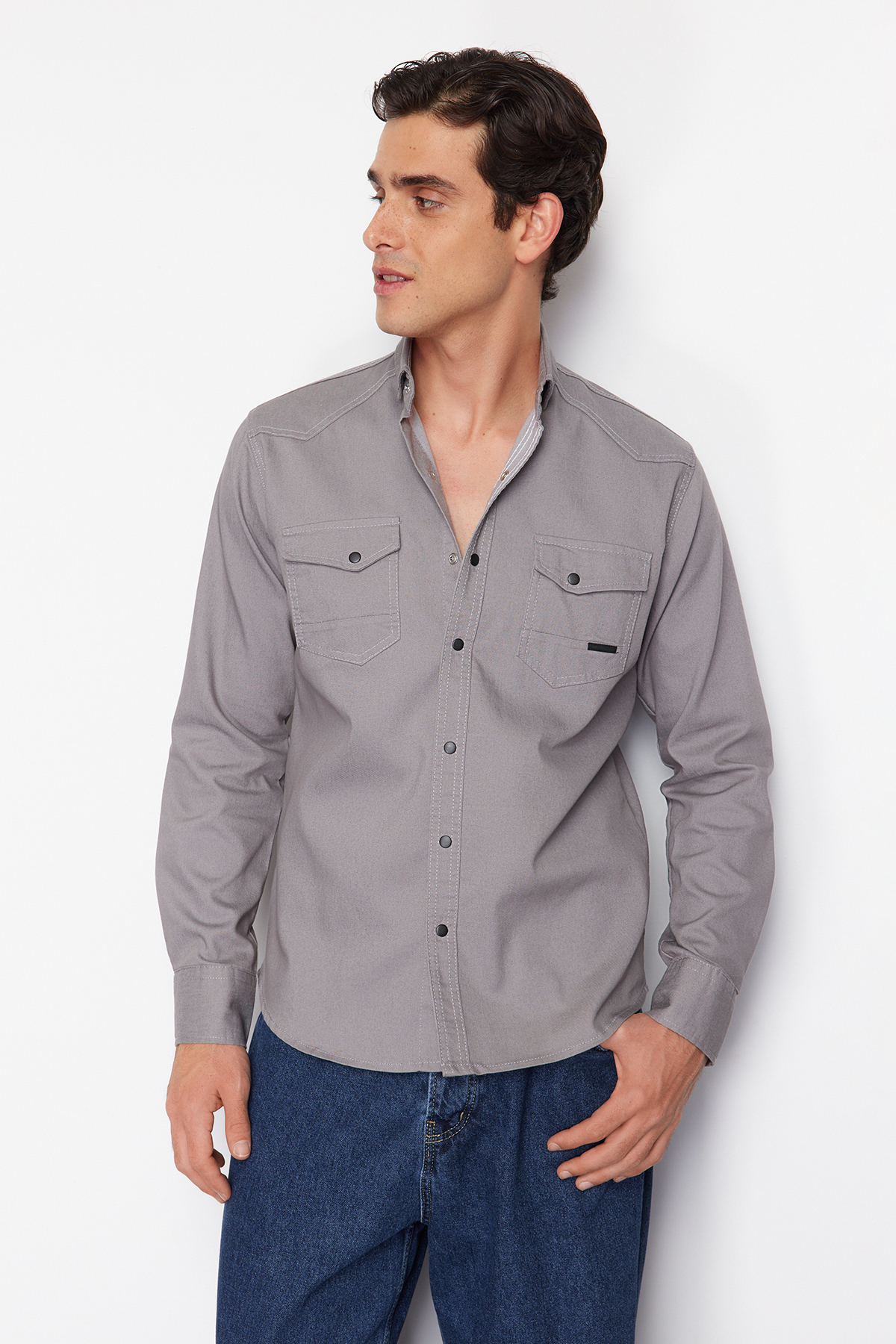 Trendyolmilla Man Gri Regular Fit Çıtçıtlı Denim Kot Gömlek TMNSS24GO00081