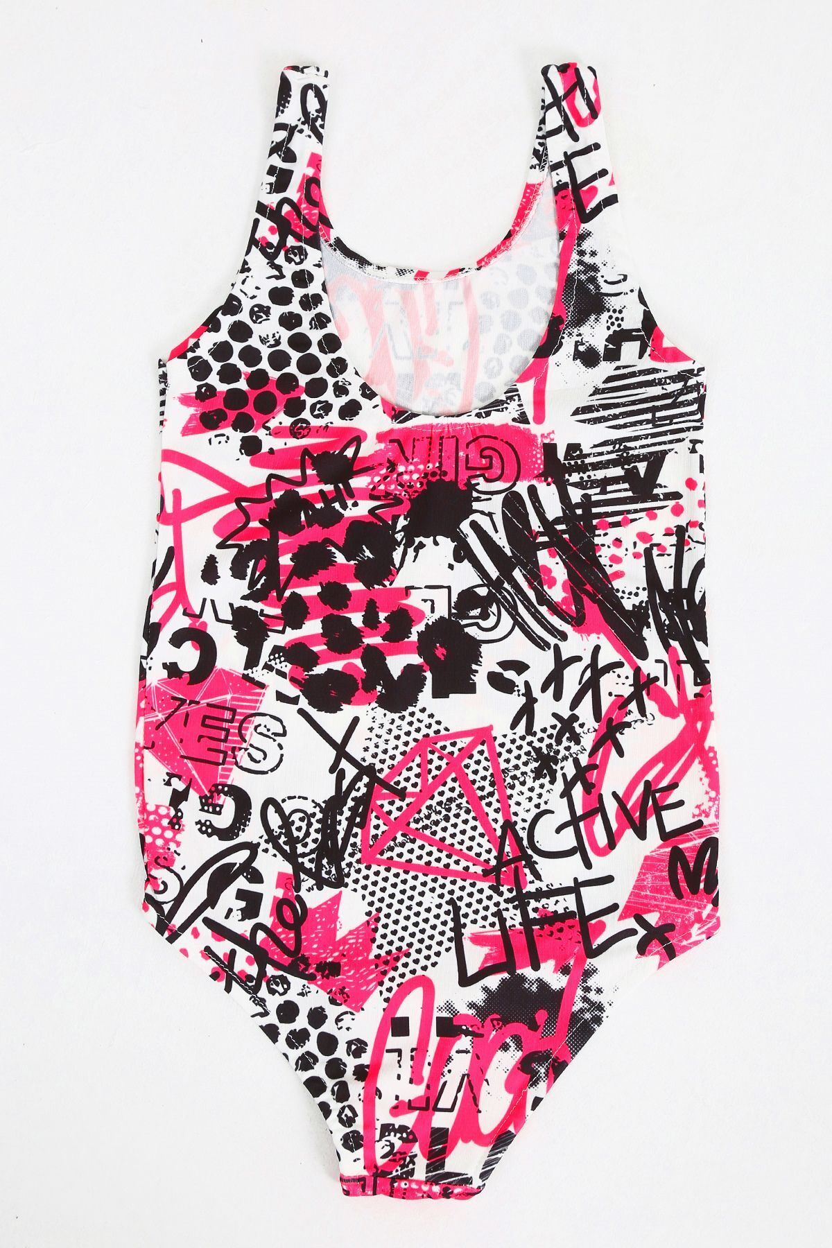 Papiş Kız Çocuk Mayo Pembe Siyah Graffiti Desenli Baskılı Rahat Hızlı ...