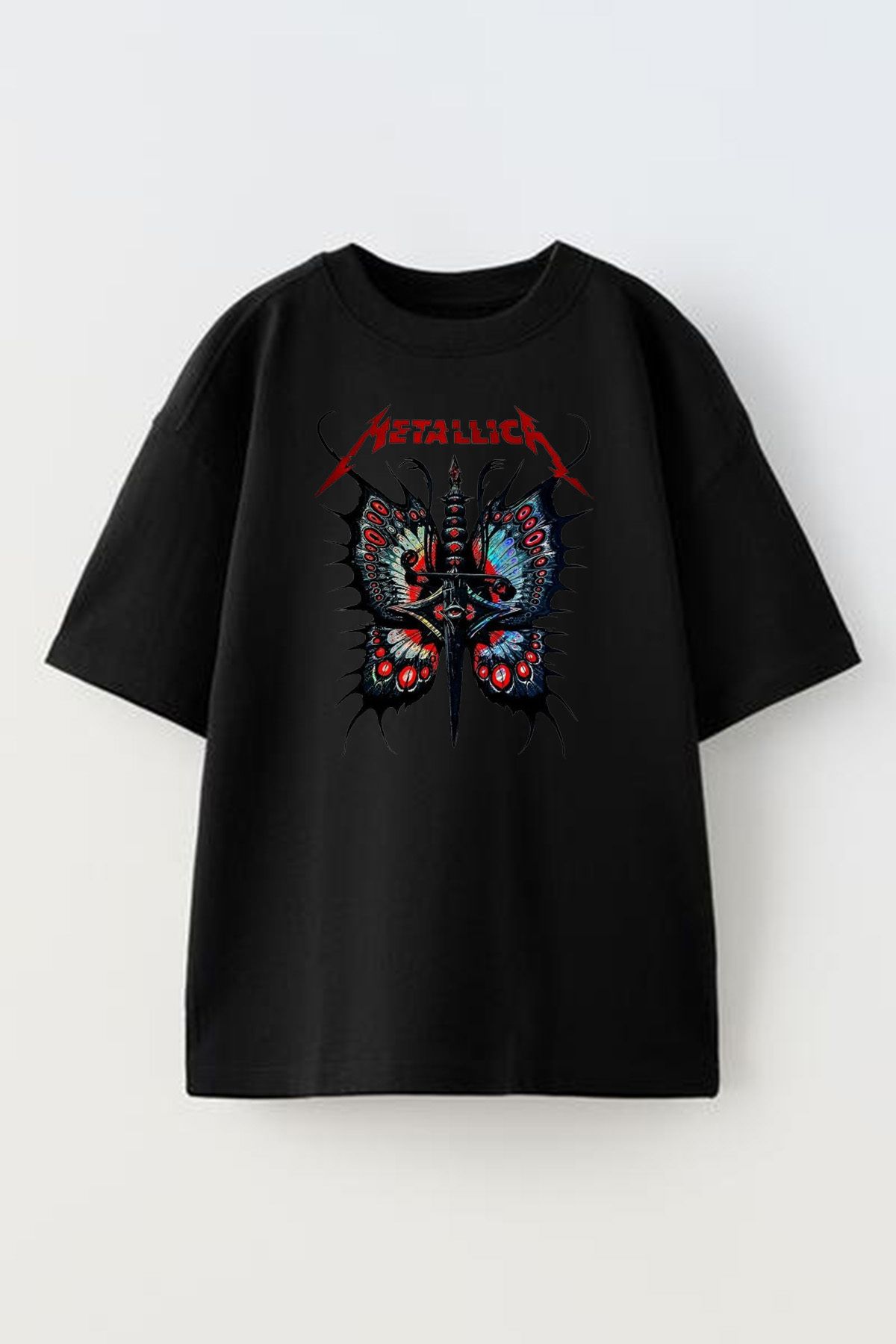 NMG TEKST L Unisex Siyah Oversize Pamuk Kelebek Metallica Gitar Bask l Orme T shirt Fiyat Yorumlar Trendyol