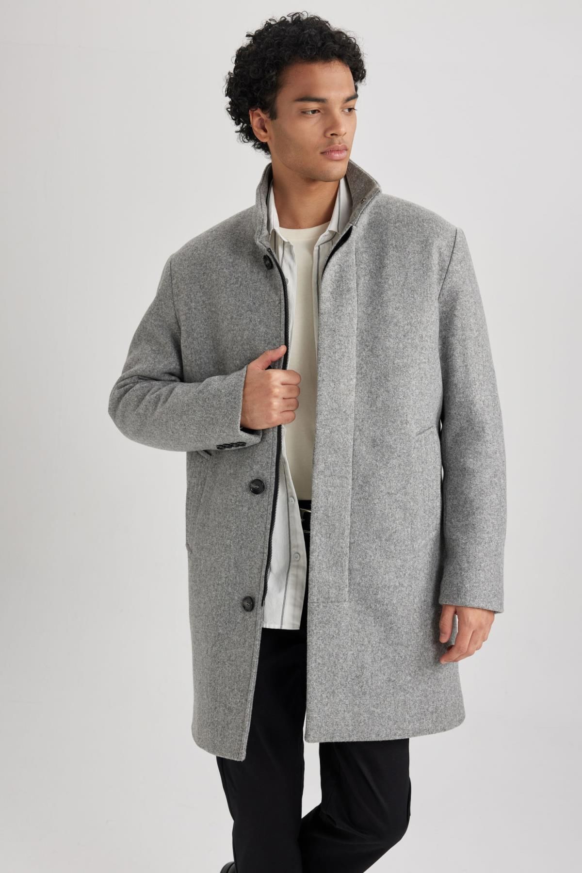 DeFacto-Stand Collar Regular Fit Cashmere Coat with Buttons and Pockets A3557Ax23Wn 7