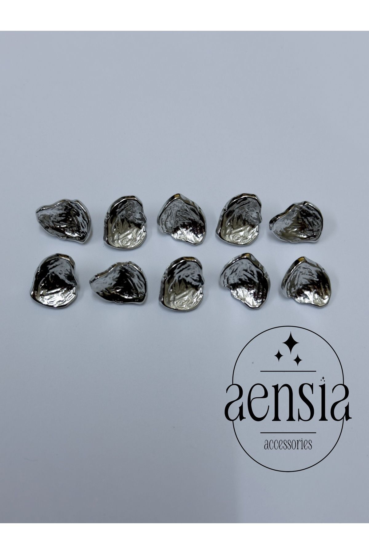 aensia Gümüş Silver Buruşuk Asimetrik Bombeli Kabuk Model Metal Kaban Ceket Düğme 1,52 CM Düğme -10lu Paket