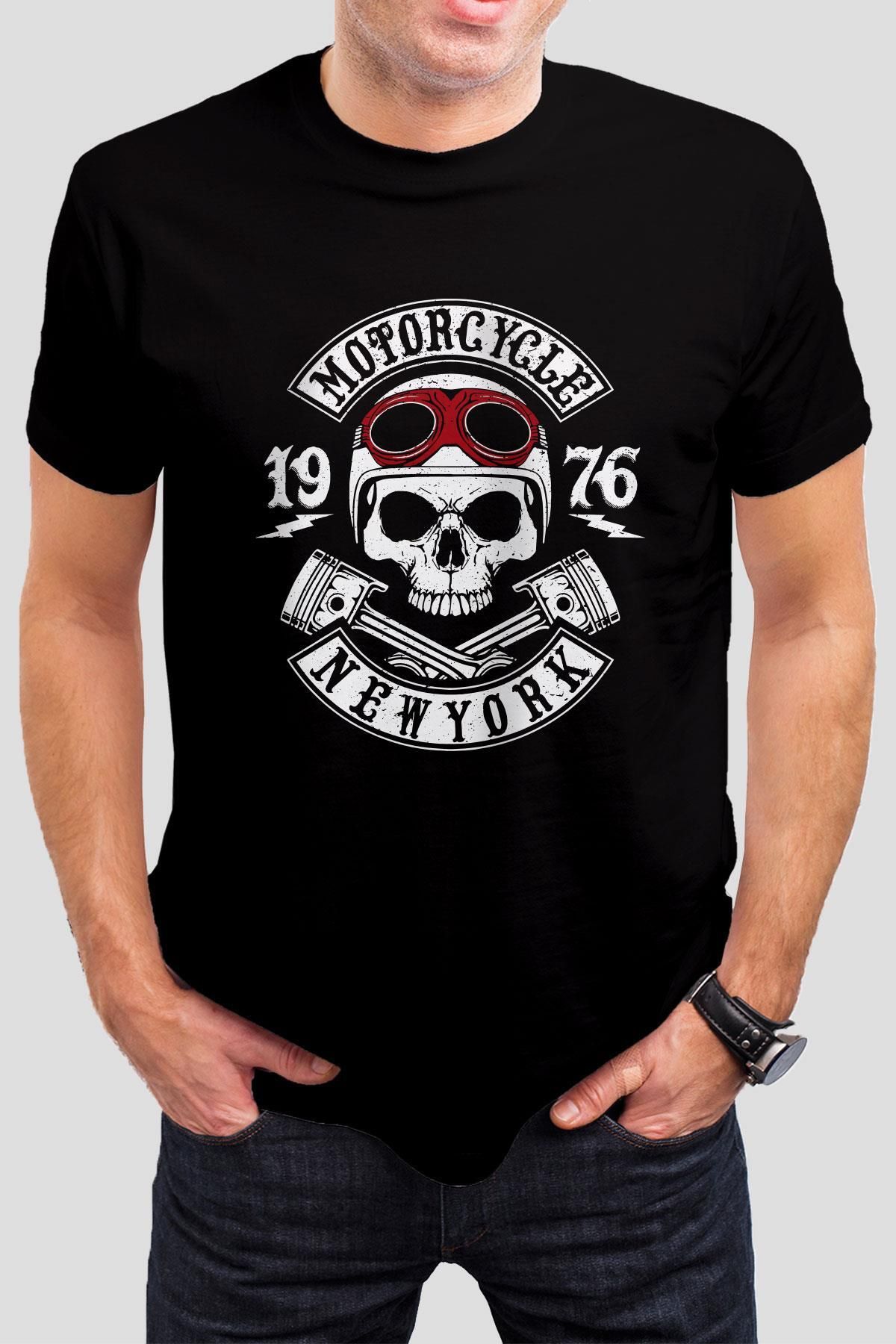 T-35 Newyork Motorcu Kuru Kafa Baskılı Siyah Unisex Tişört C281 Fiyatı,  Yorumları - Trendyol