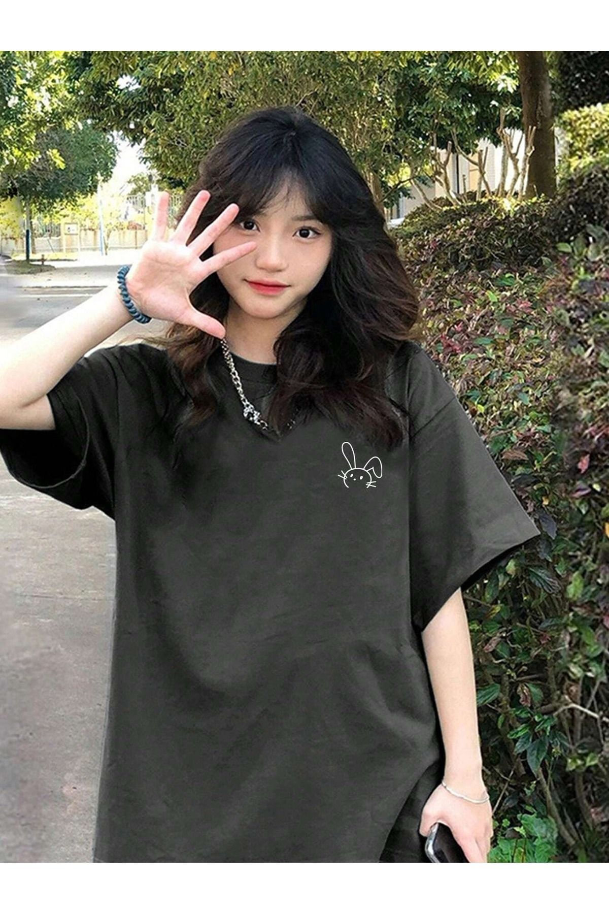 Women's Smoked Figure Rabbit Printed Oversize T-Shirt